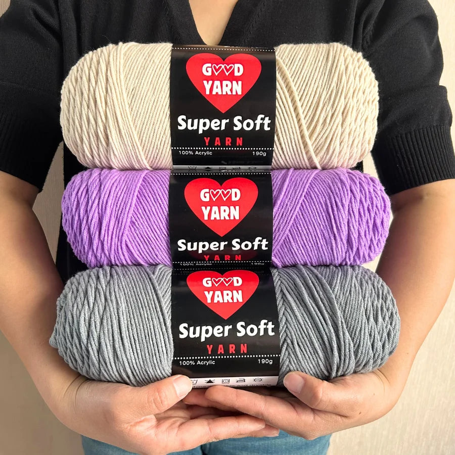 Good Yarn Super Soft acrylic yarn skeins in beige, lavender, and gray (3 skeins, 190g each)