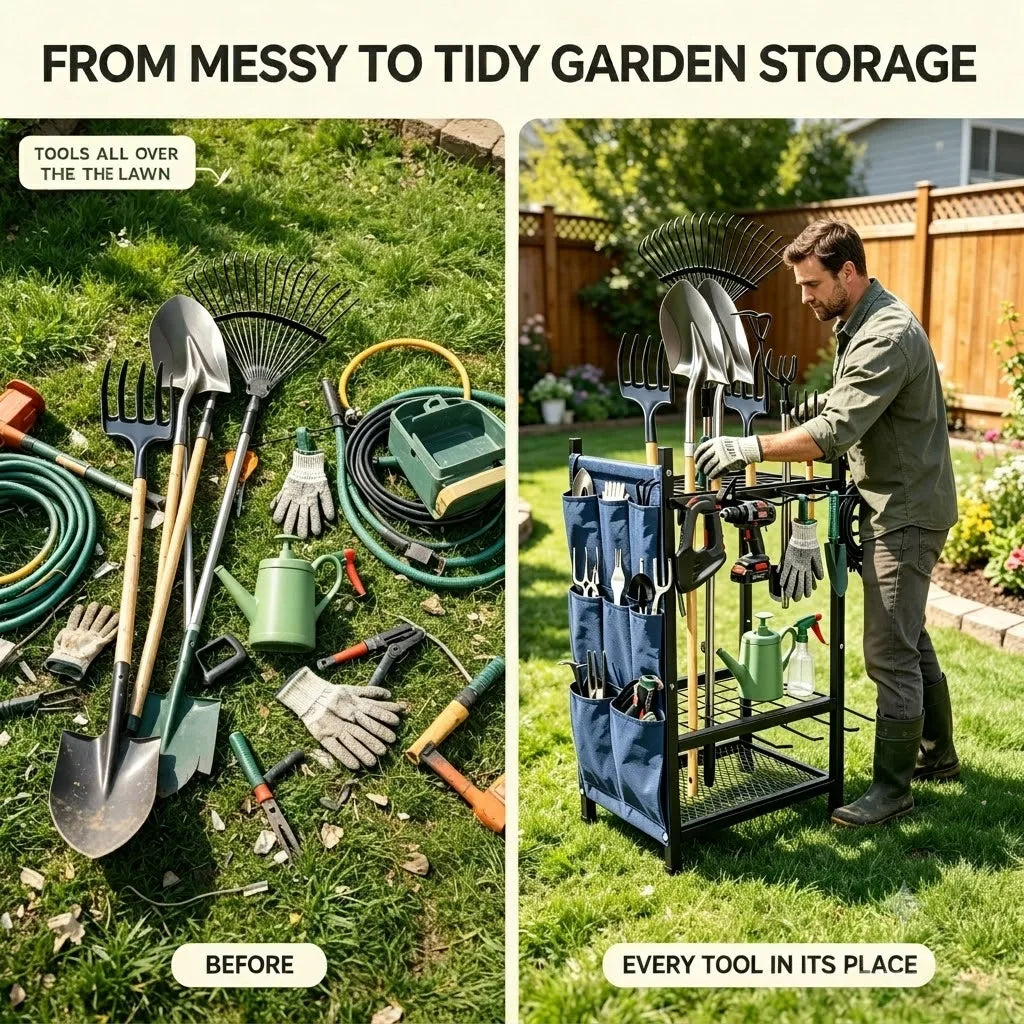 Garden Tool Storage Organizer by S And B Enterprise; heavy-duty black metal freestanding rack with blue side storage bags