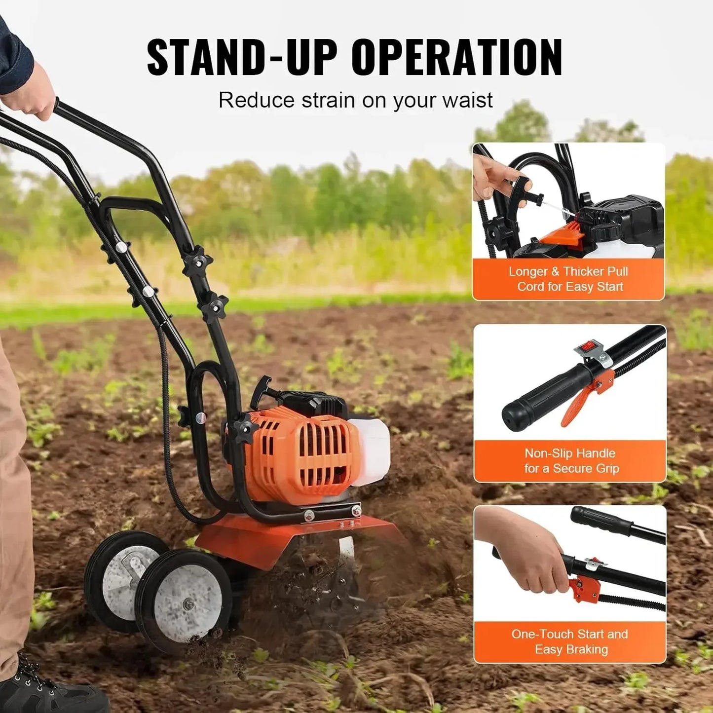 Gas Powered Tiller Cultivator 43cc 2-Stroke With Adjustable Front Tines