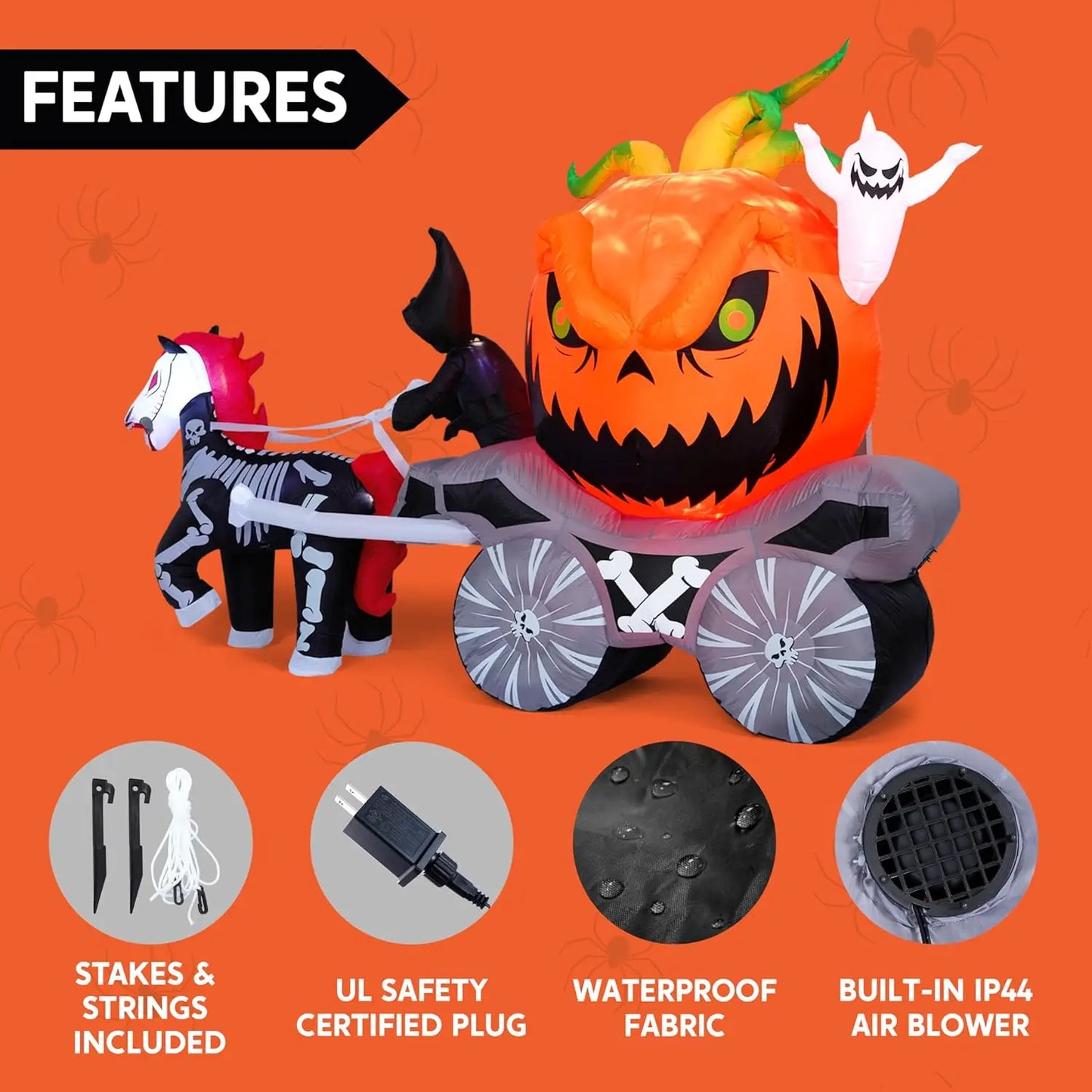 8 ft pumpkin carriage Halloween inflatable by S And B Enterprise with built-in LEDs; skeleton horse