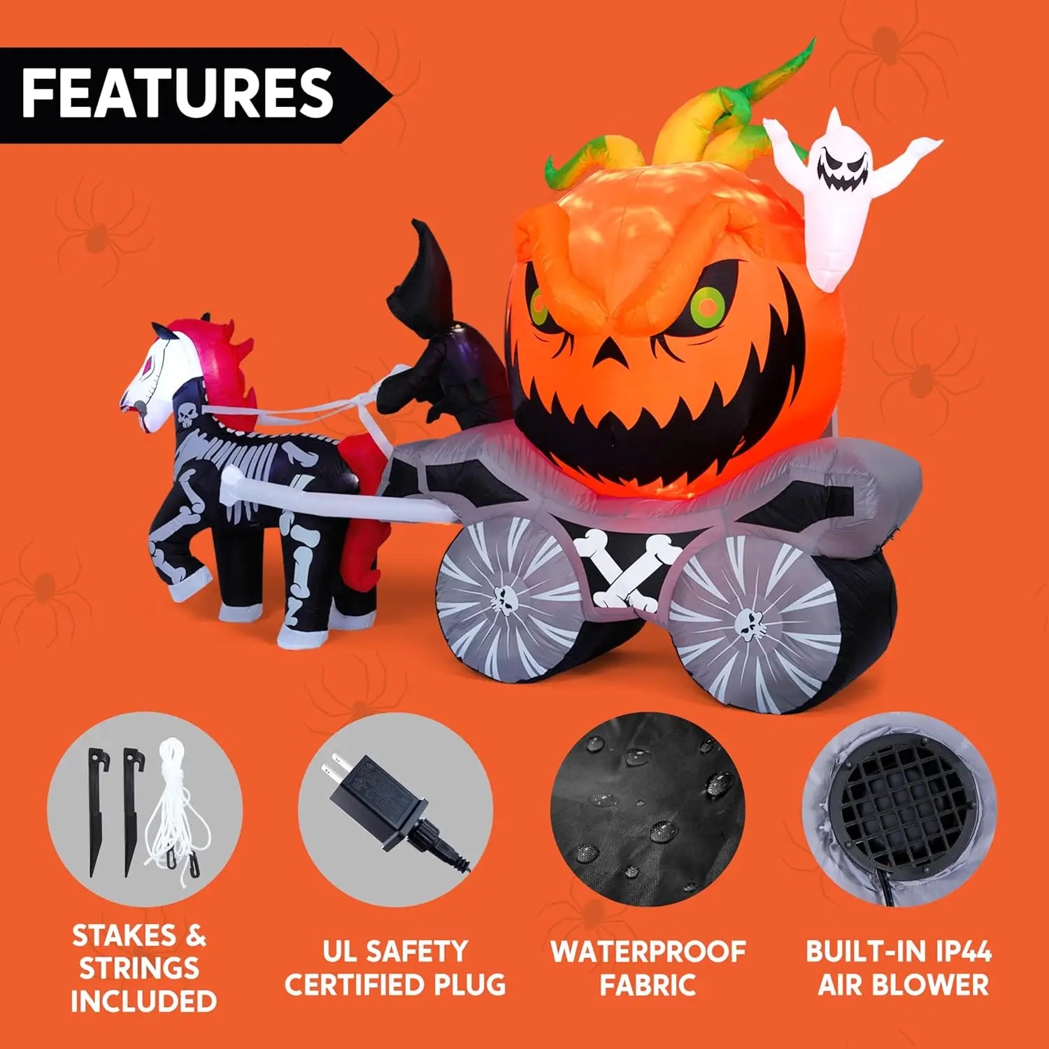 8 ft pumpkin carriage Halloween inflatable by S And B Enterprise with built-in LEDs; skeleton horse