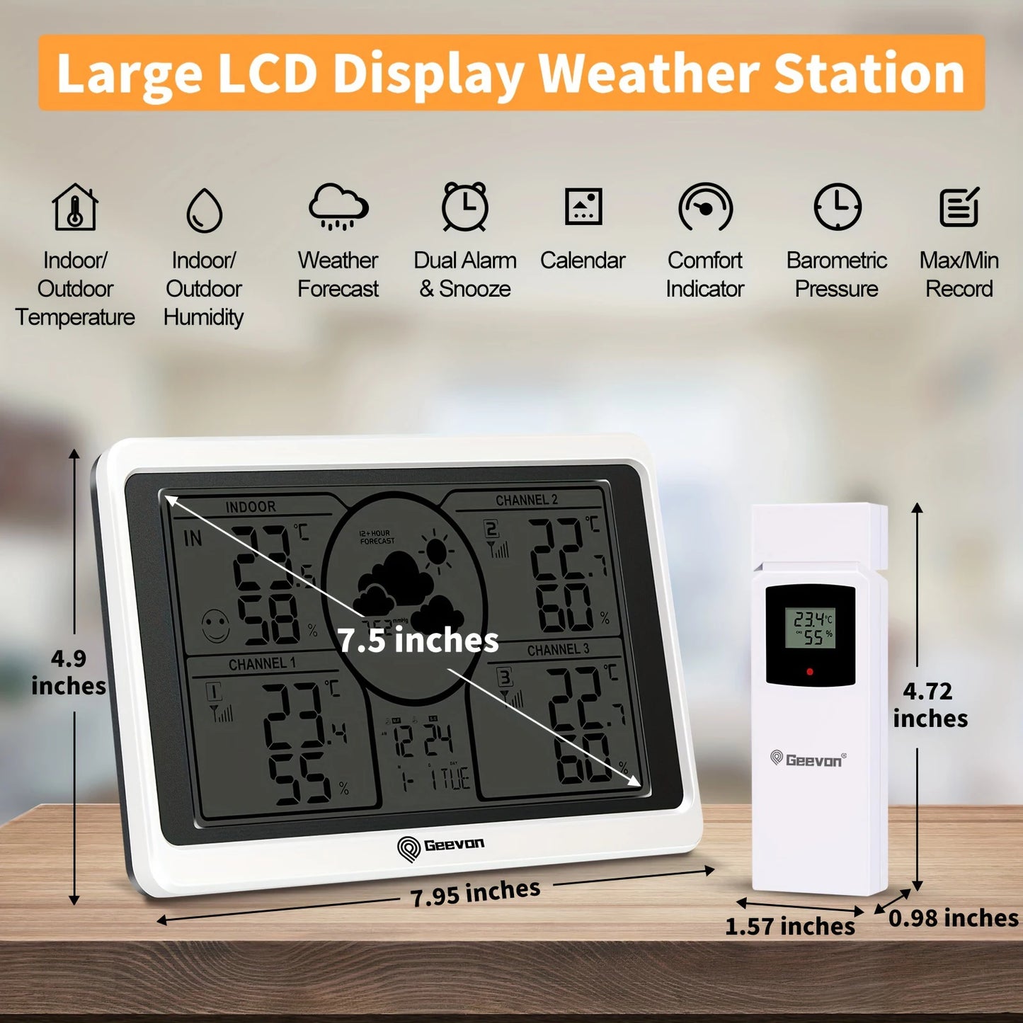 Geevon Weather Station with 3 wireless sensors, white frame and large backlit LCD display