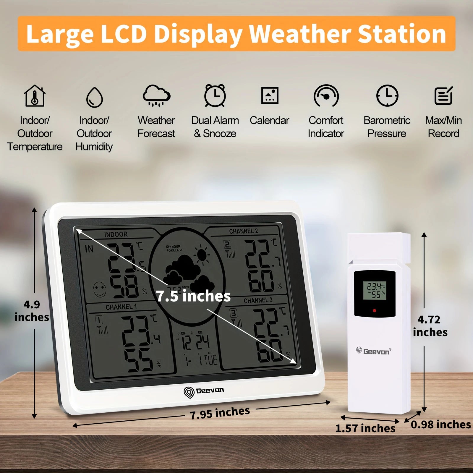 Geevon Weather Station with 3 wireless sensors, white frame and large backlit LCD display