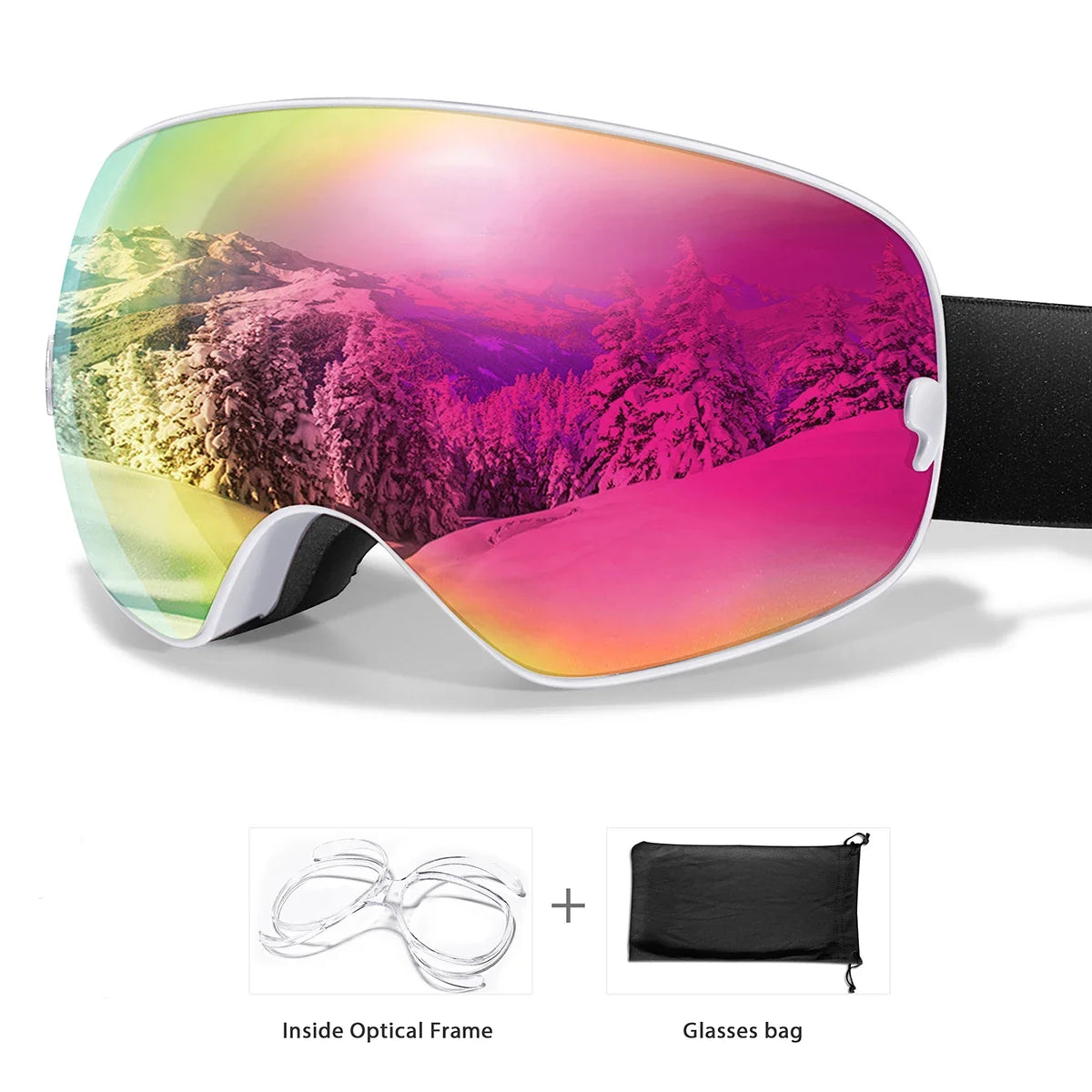 S And B Enterprise winter ski goggles with white frame, black strap and rainbow UV400 anti-fog lenses.