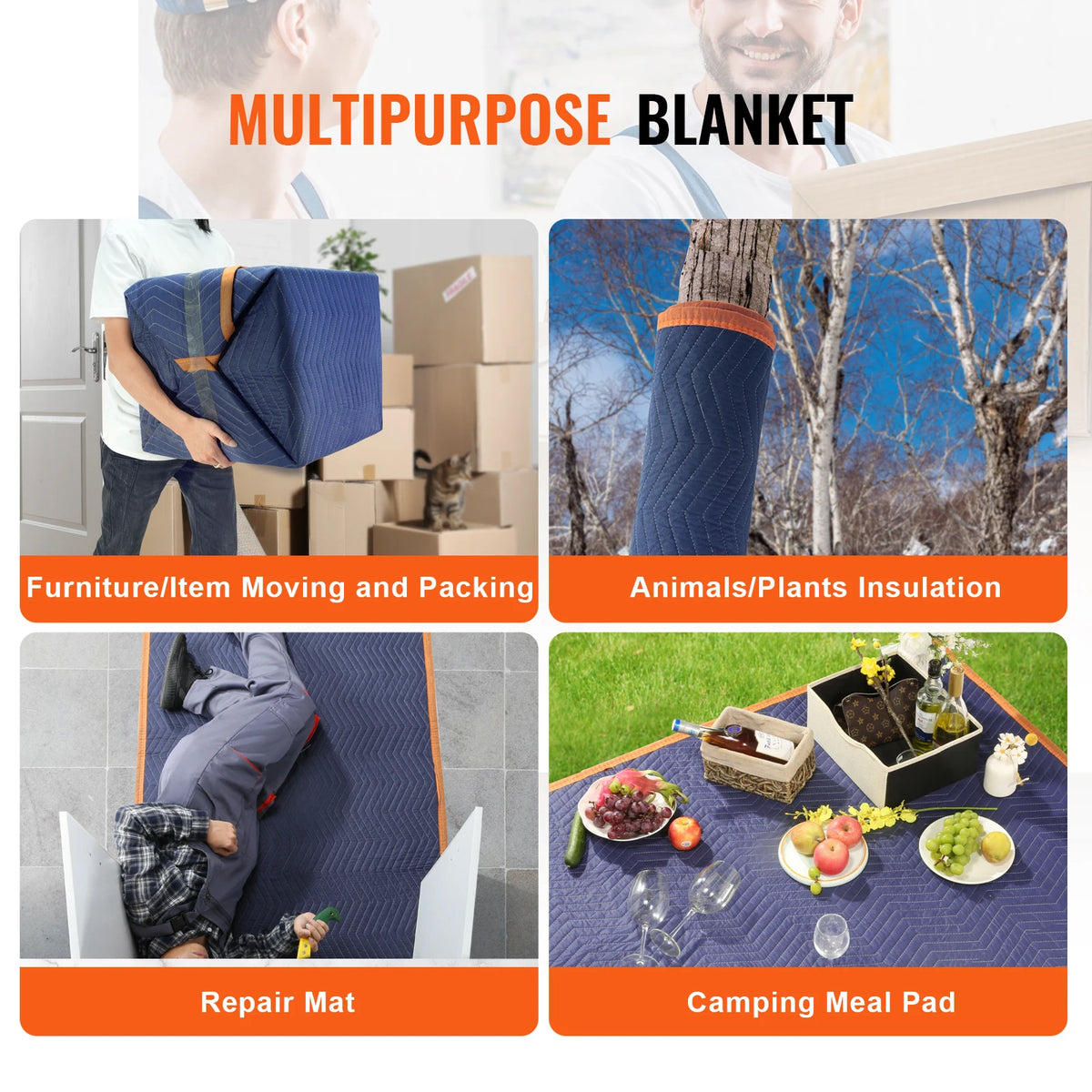 Moving blankets 80 x 72 inches, 12-pack heavy-duty blue furniture and appliance protection with orange trim