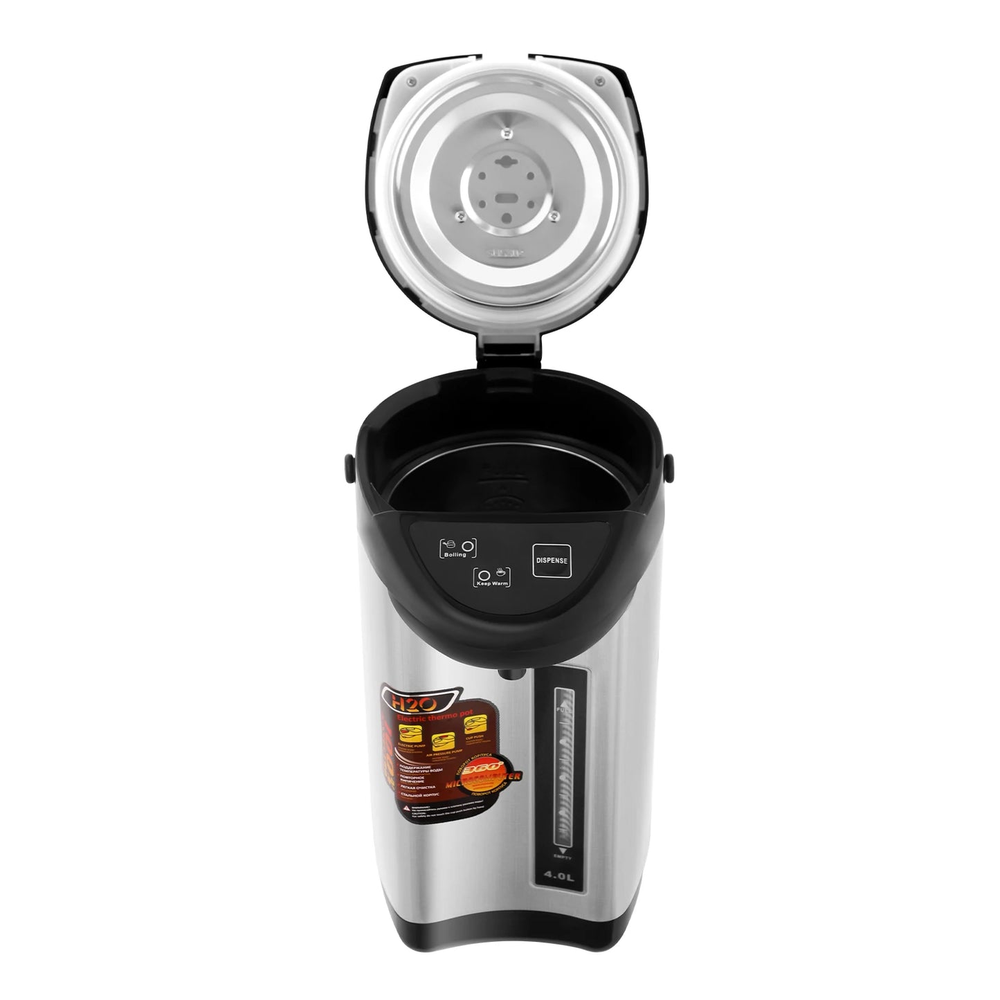 Electric kettle, 4L stainless steel with black handle and base.
