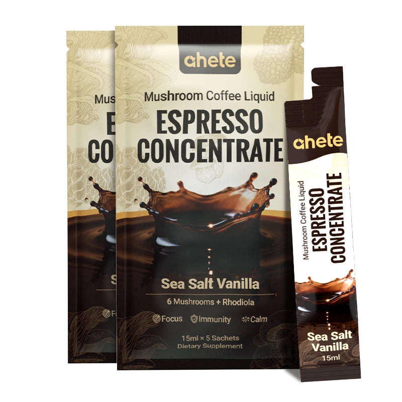 AHETE Mushroom Coffee Liquid Espresso Concentrate, Sea Salt Vanilla flavor, by S And B Enterprise; 3 items.