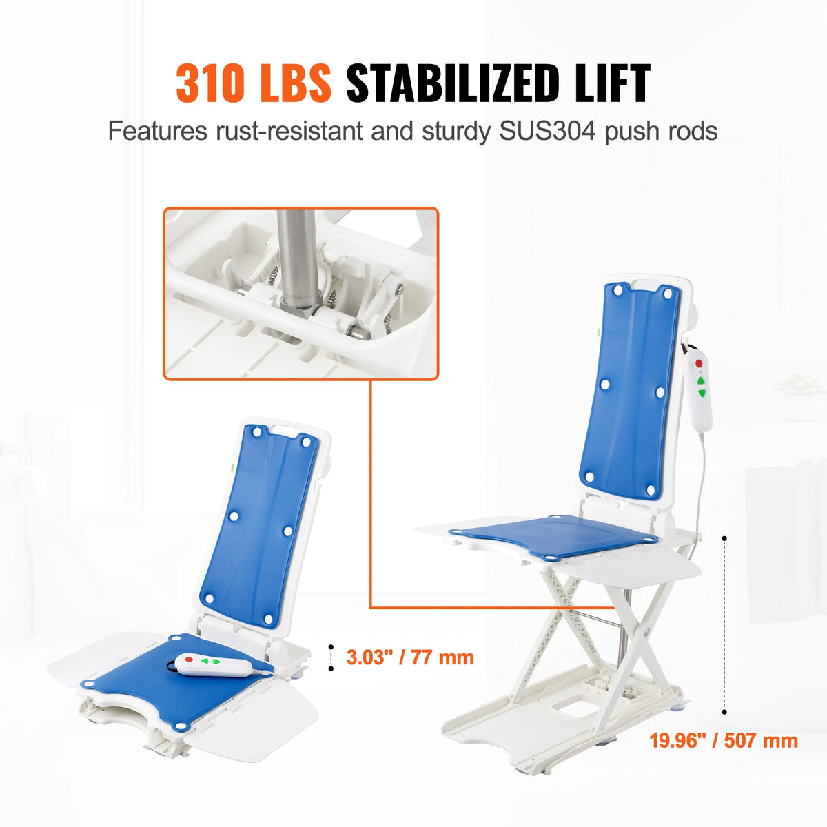 Electric chair lift with blue padded back and seat, height adjustable, supports up to 310 lbs