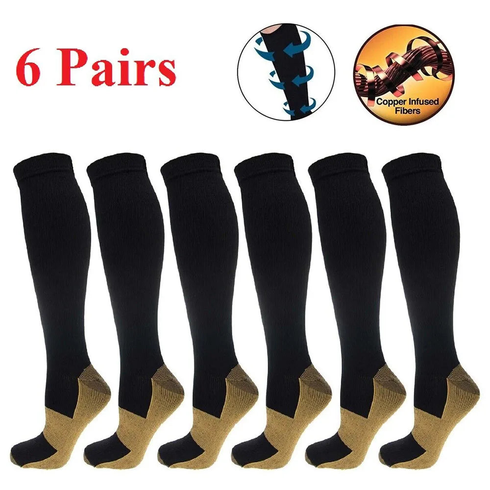 Copper compression socks by S And B Enterprise, 6 pairs, unisex knee-high, black with tan toes/heels, 20–30 mmHg