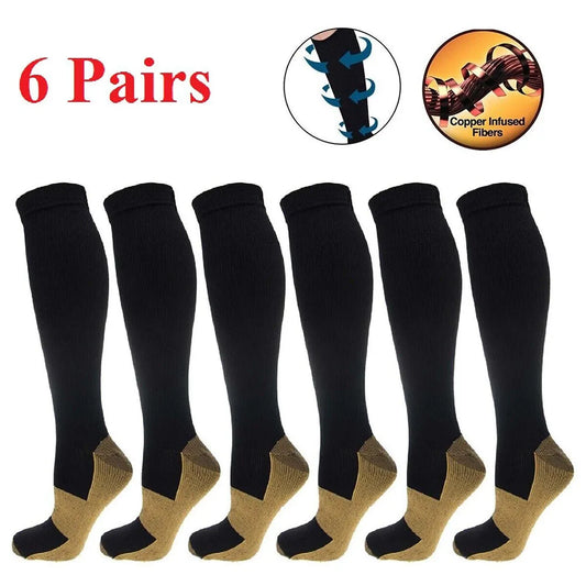 Copper compression socks by S And B Enterprise, 6 pairs, unisex knee-high, black with tan toes/heels, 20–30 mmHg