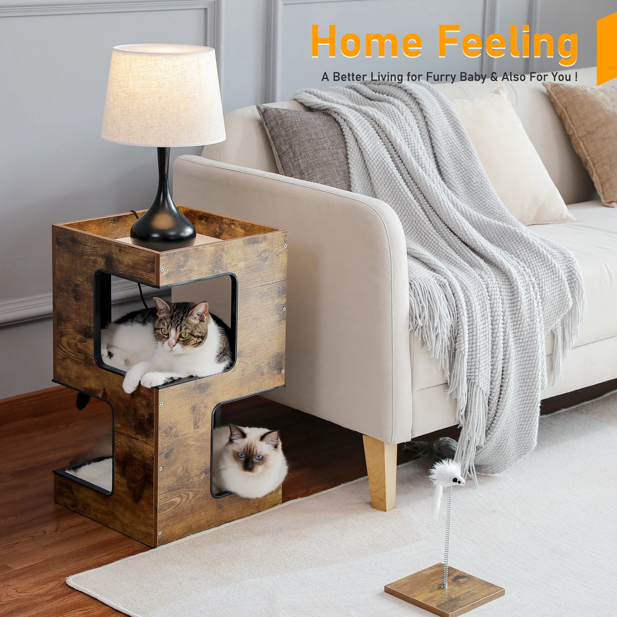 Wood cat condo house bed with removable soft mats; rustic wooden cube with black accents, holding two lounging cats.