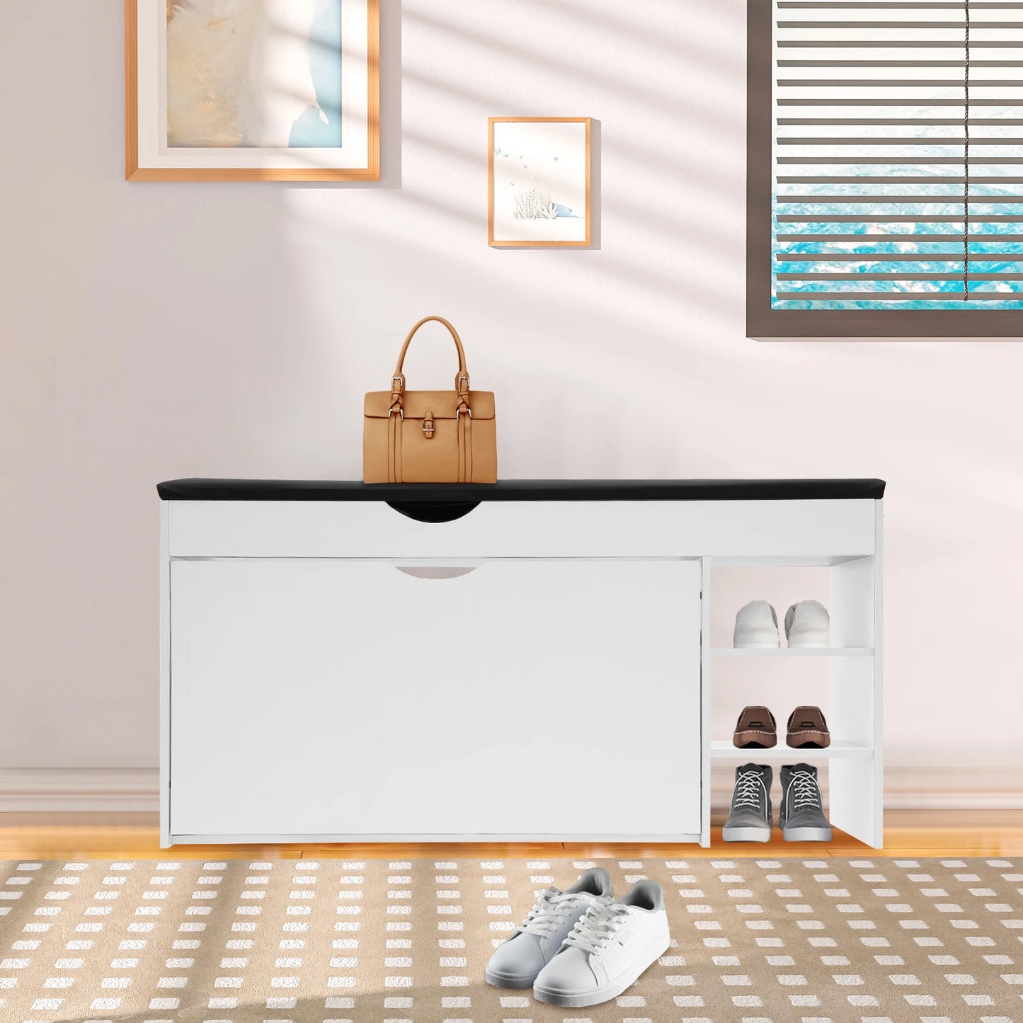 Three-Tier Shoe Bench With Cushioned Seat And Hidden Drawers
