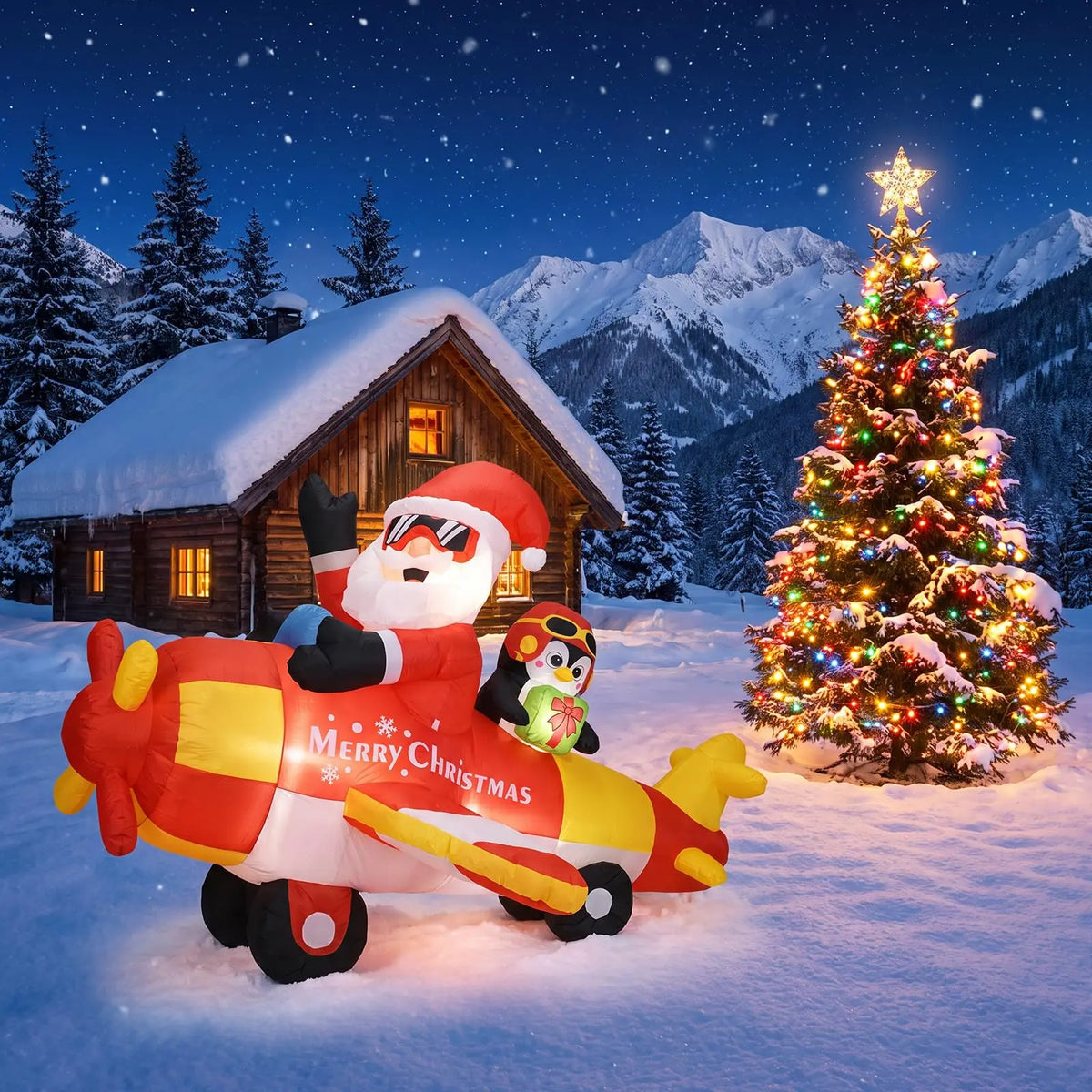 Inflatable Christmas Santa driving penguin airplane, 8ft, red-and-yellow, outdoor yard decor by S And B Enterprise