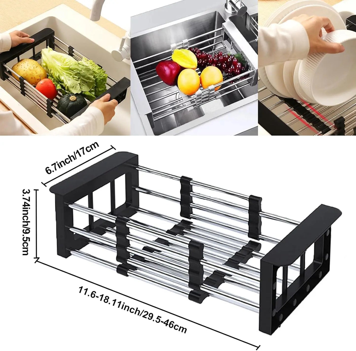Adjustable Stainless Steel Kitchen Sink Drain Basket Telescopic Dish Drying Rack Fruit Vegetable Drainer Tray Storage Organizer by S And B Enterprise
