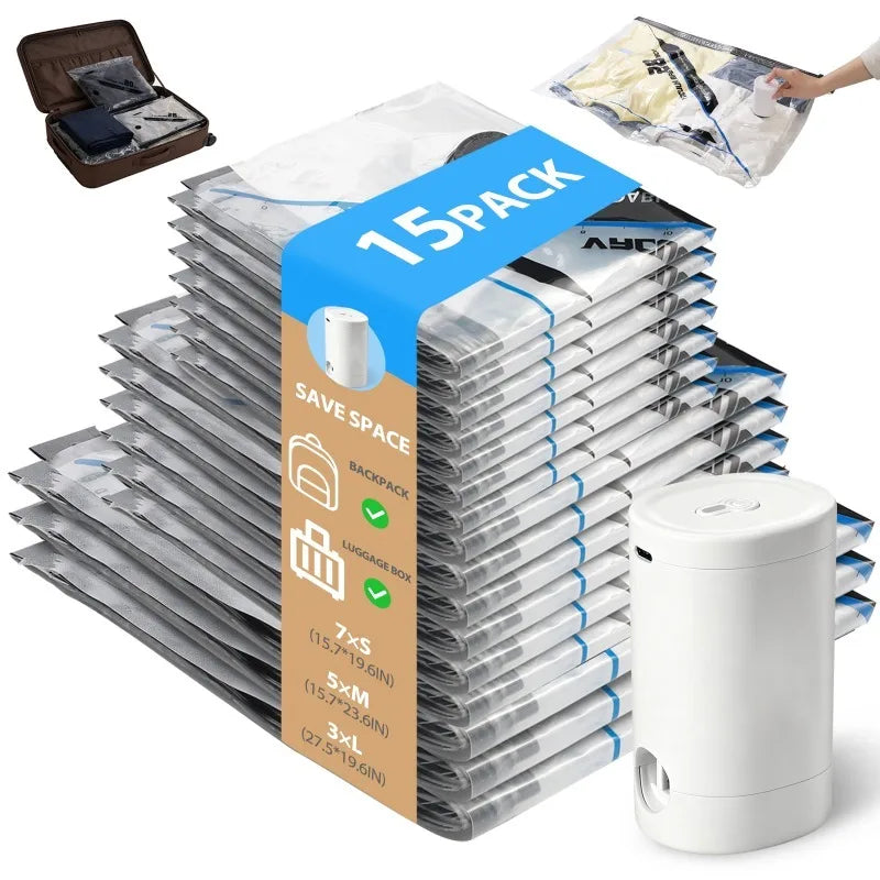 15 Pack Vacuum Bags for Travel with Rechargeable Air Pump, Compression Packing Bags for Luggage, Air Vacuum Bags with Rechargeable Pump, Reusable Space Saver Bags, Airtight Zipper Seal for Clothes Blankets Bedding Quilt, Vacu by S And B Enterprise