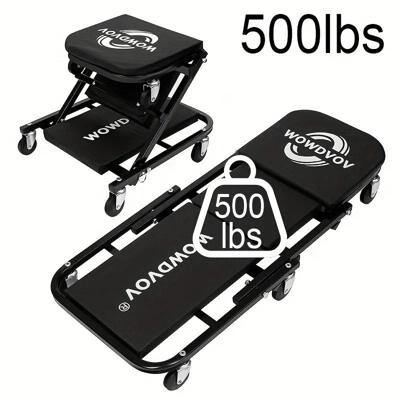 S And B Enterprise 2-in-1 mechanic creeper seat with wheels, black heavy-duty folding rolling stool, 330lbs capacity