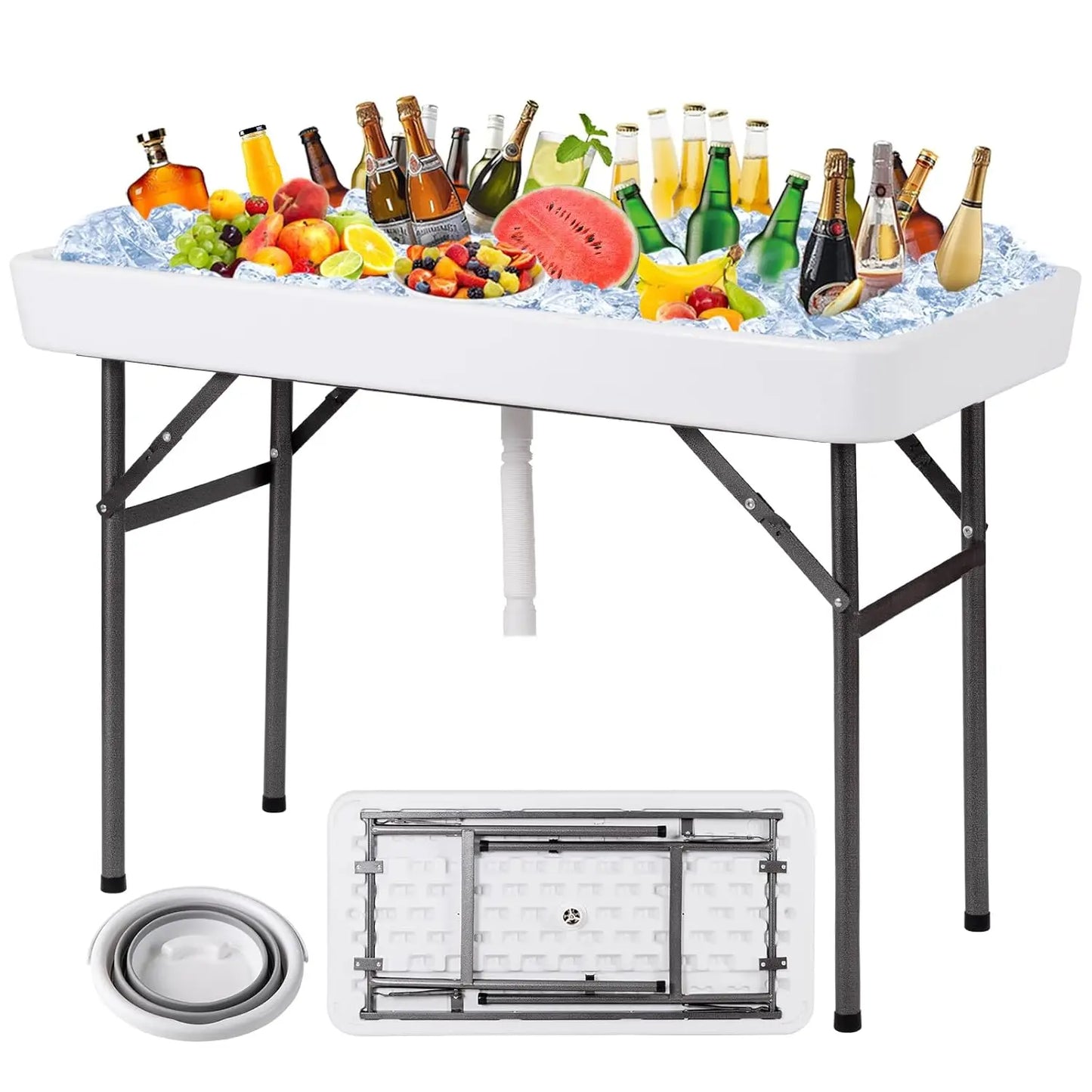 Folding Ice Cooler Table With Skirt Drain Hose Bucket