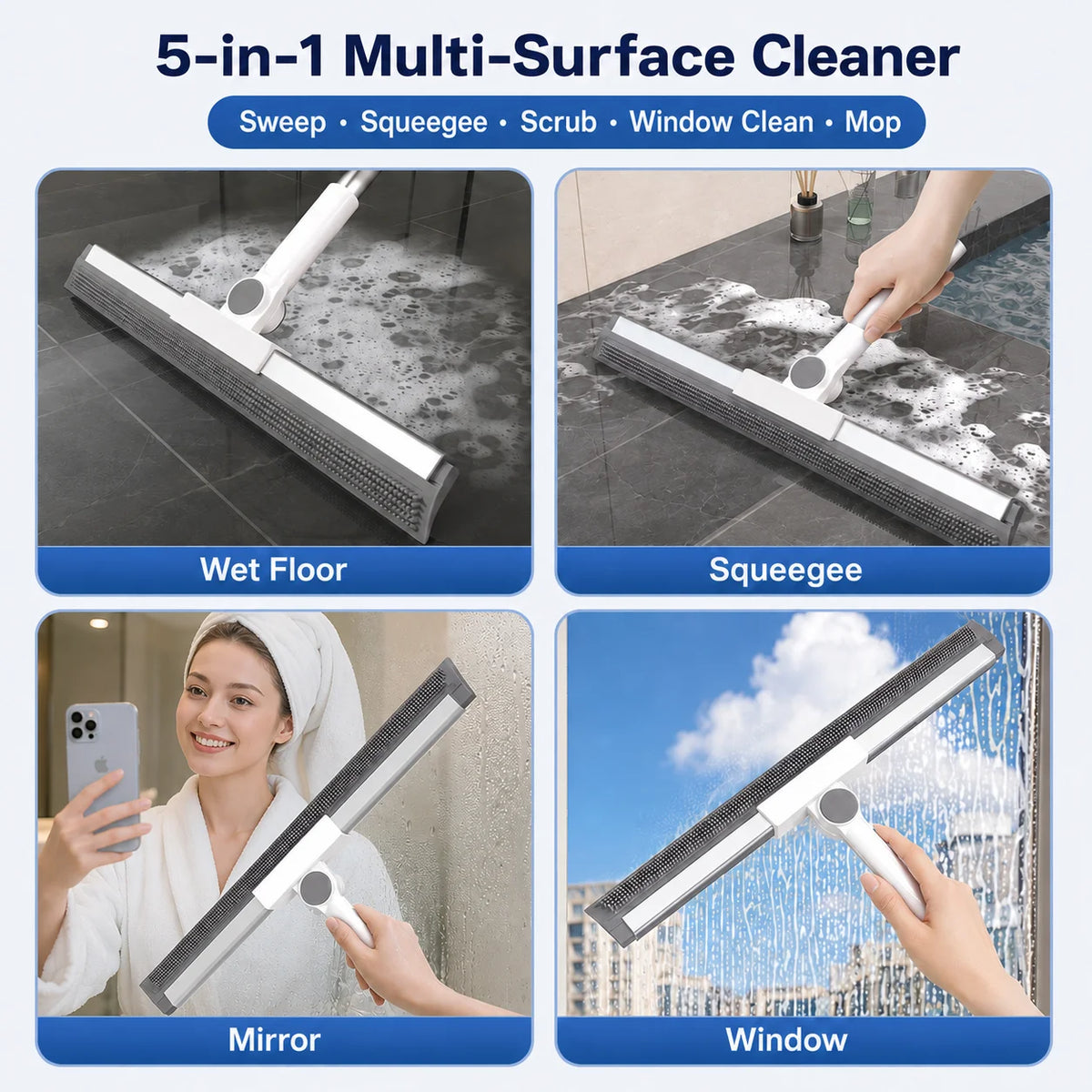 Joybos 2-pack floor squeegee cleaning set; white/gray, adjustable 4-section handles, dual-sided bristle and squeegee blades.