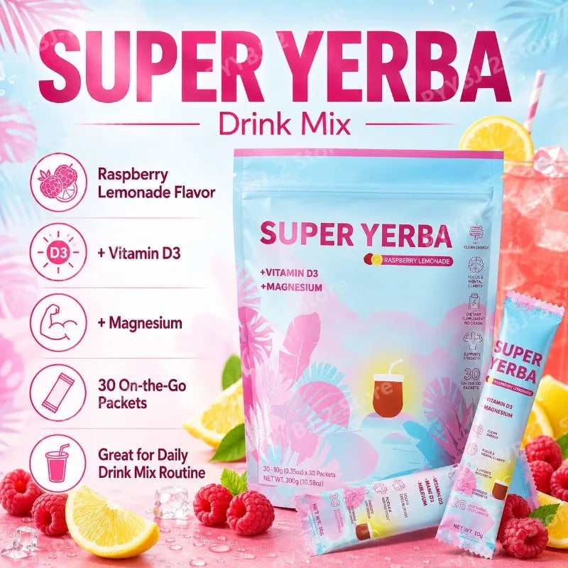 Yerba Instant Powder 30 Packets Contain Raspberry Lemonade Flavor Vitamin D3 Prebiotics Support Gut Clean and Provide Energy by S And B Enterprise