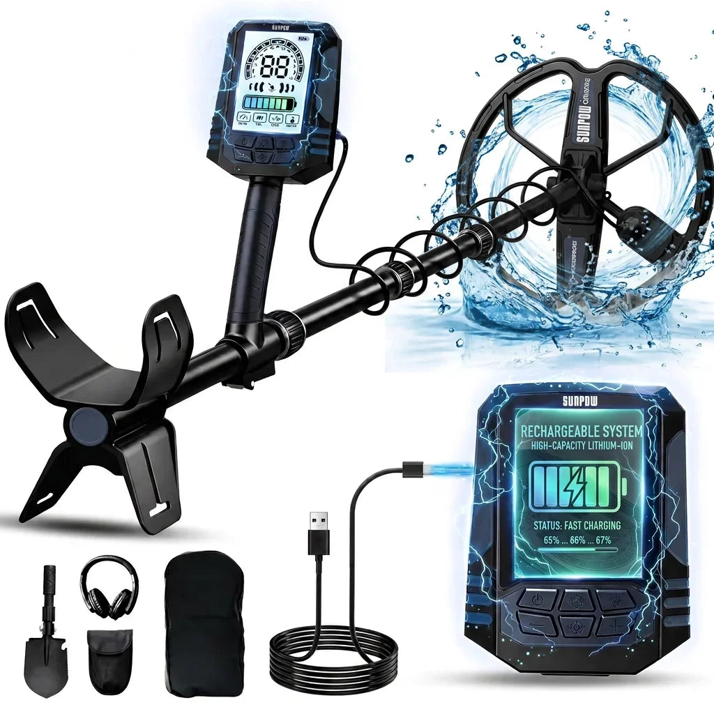 SUNPOW metal detector kit for adults with waterproof double‑D coil and USB‑C charging; includes headphones and shovel