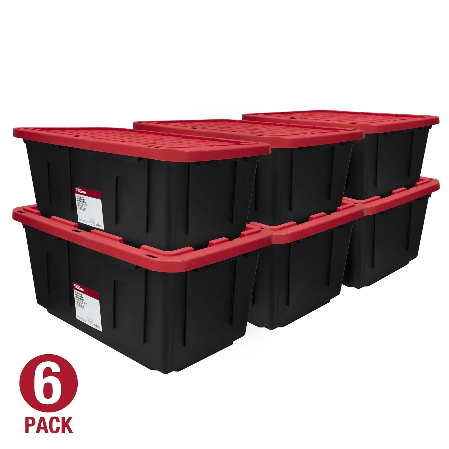 6 Pack 27 Gallon Large Storage Bins with Snap Lid Black And Red Heavy Duty Plastic Storage Containers for Home Organization by S And B Enterprise