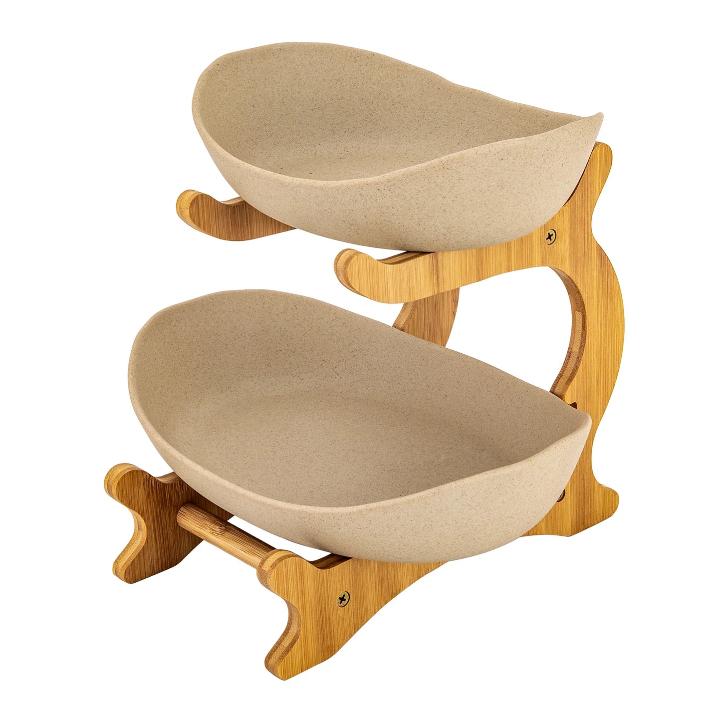 2-tier fruit basket with three beige bowls on a natural bamboo stand