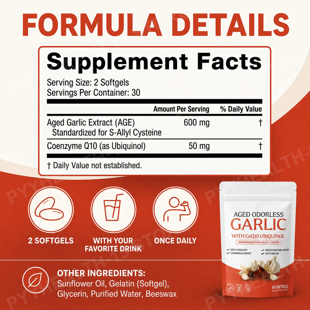 Odorless Aged Garlic Extract Softgels, 600mg AGE with 50mg CoQ10 Ubiquinol, Standardized S-Allyl Cysteine, Lifestyle, 60 Count
