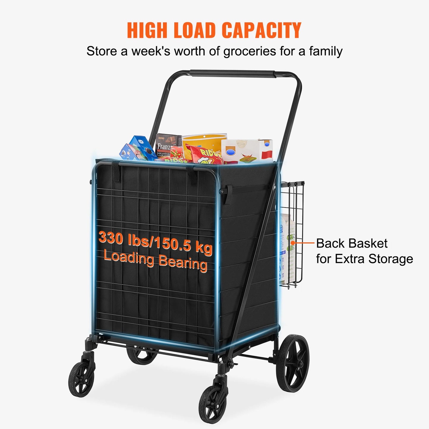 SucceBuy Folding Shopping Cart With Waterproof Liner And 360 Degree Wheels