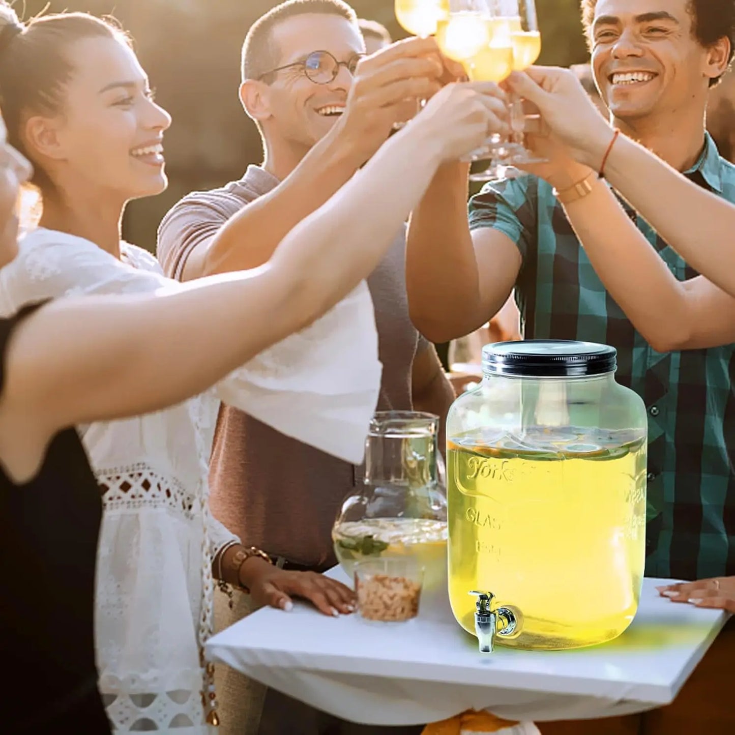 2 Gallon Glass Drink Dispenser for Parties with 2 Press Spigots and Fruit Infuser by S And B Enterprise