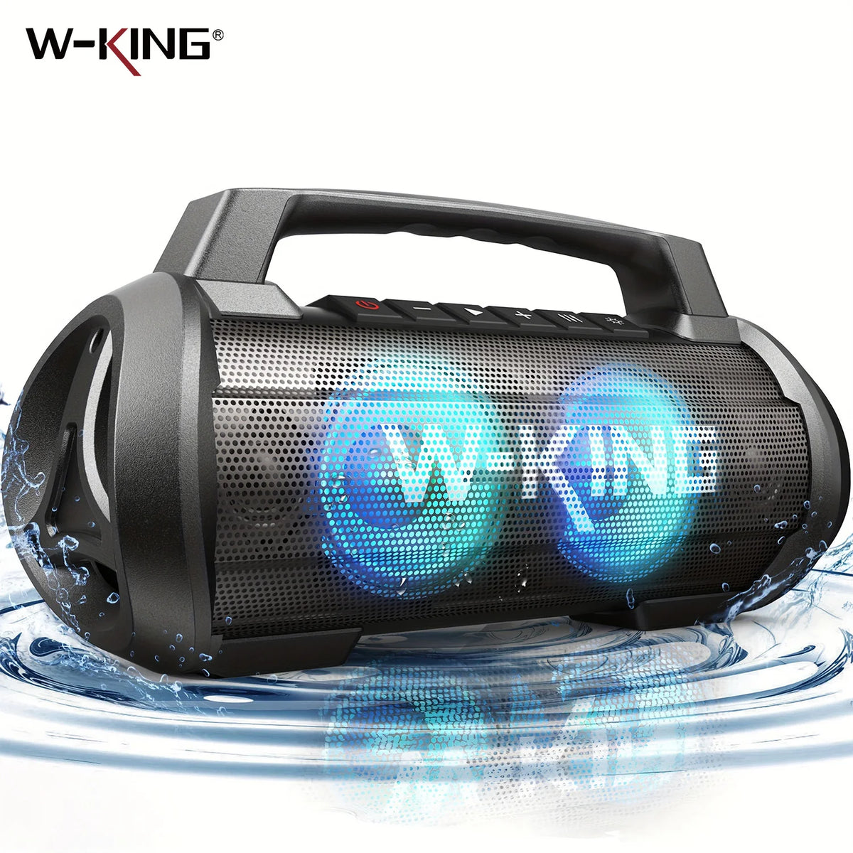 W-KING D10 120W Bluetooth speaker with IPX6 waterproofing, blue LED ring lights, handheld portable boombox