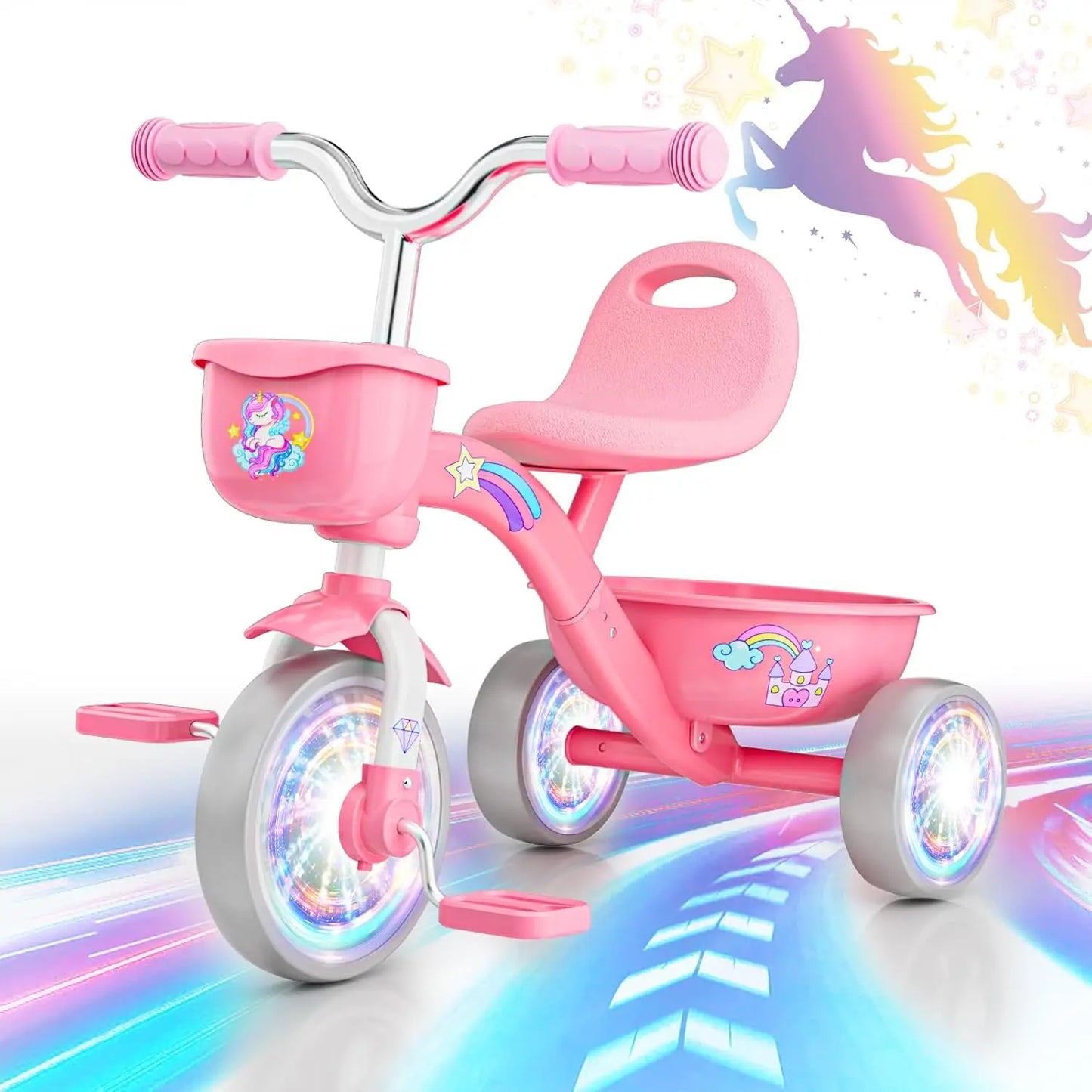 Unicorn Toddler Tricycle With Light Up Wheels And Basket