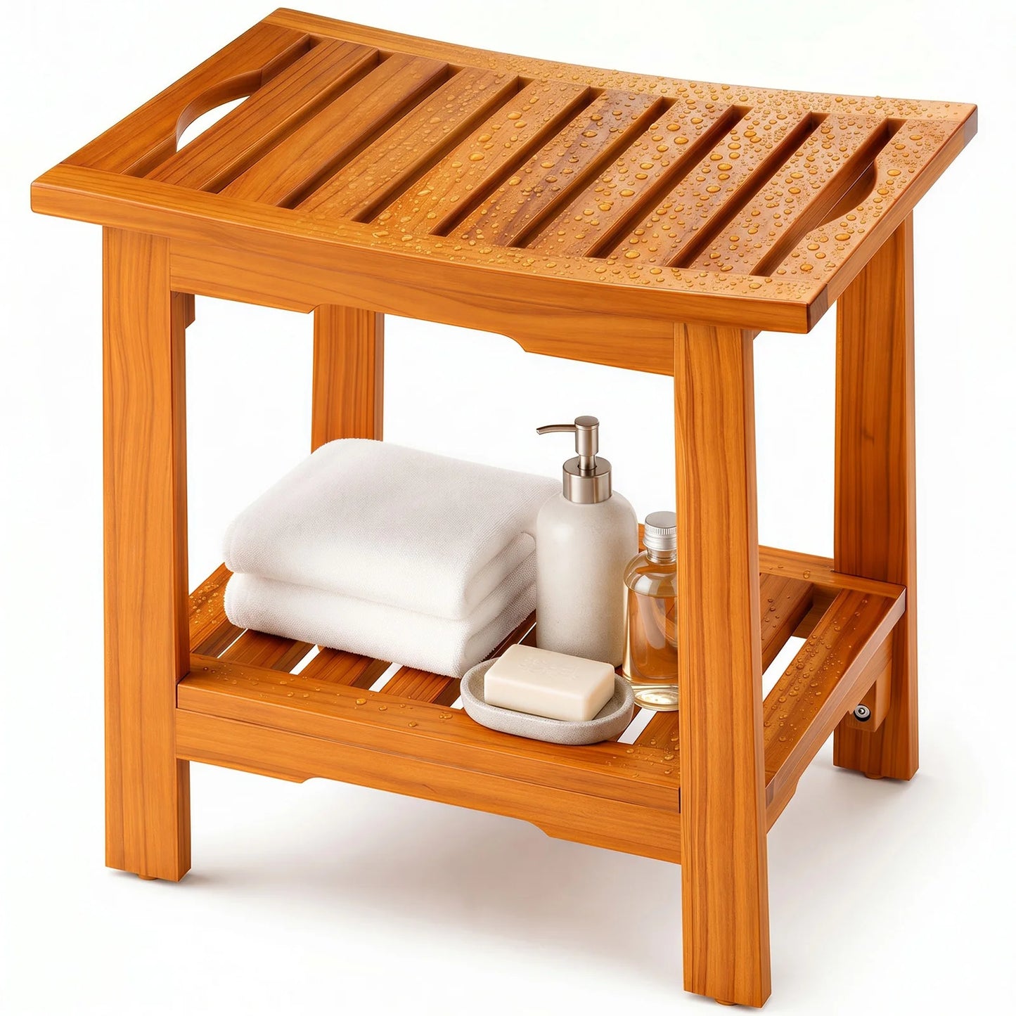 Wooden shower bench with slatted top, storage shelf, and side handle cutouts.
