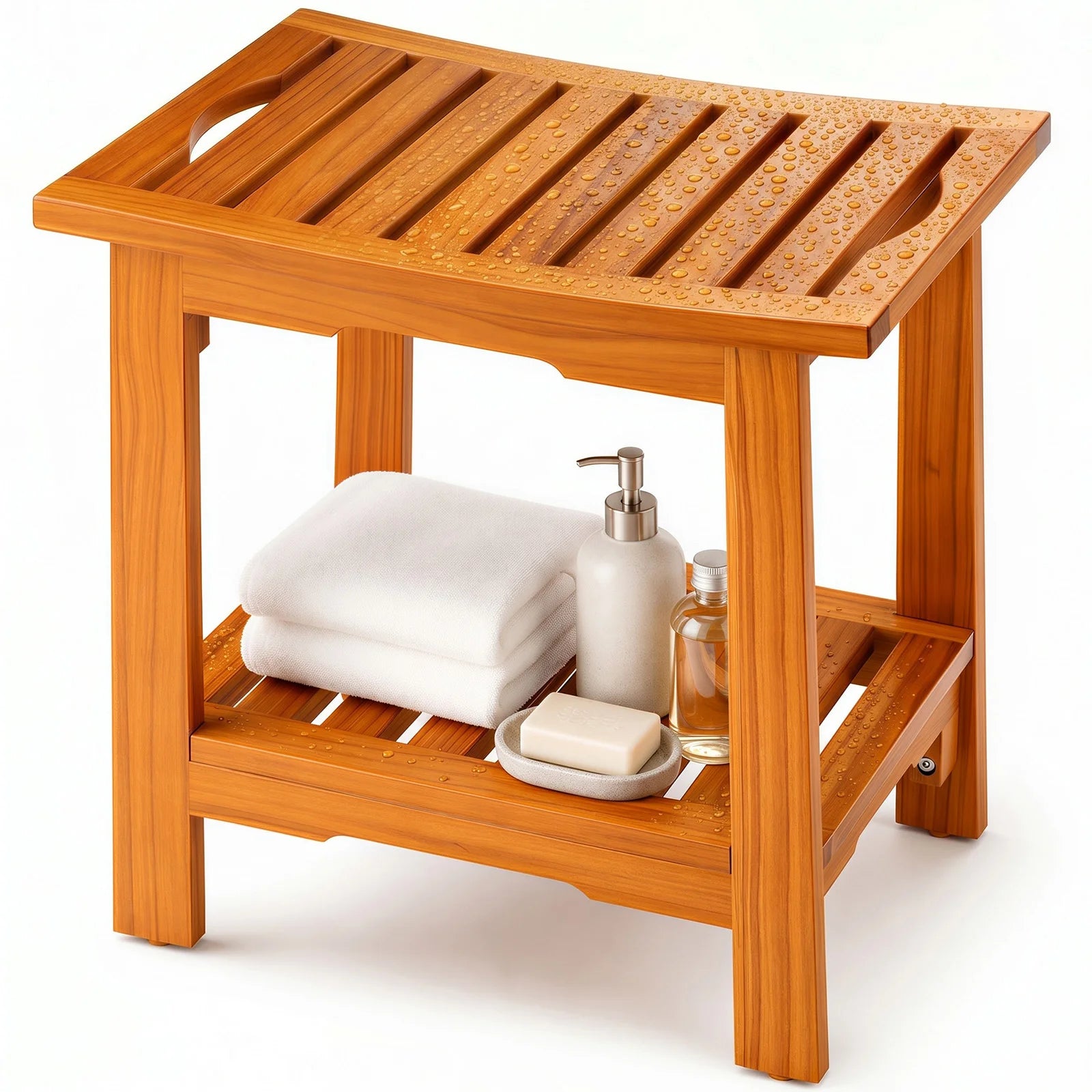 Wooden shower bench with slatted top, storage shelf, and side handle cutouts.