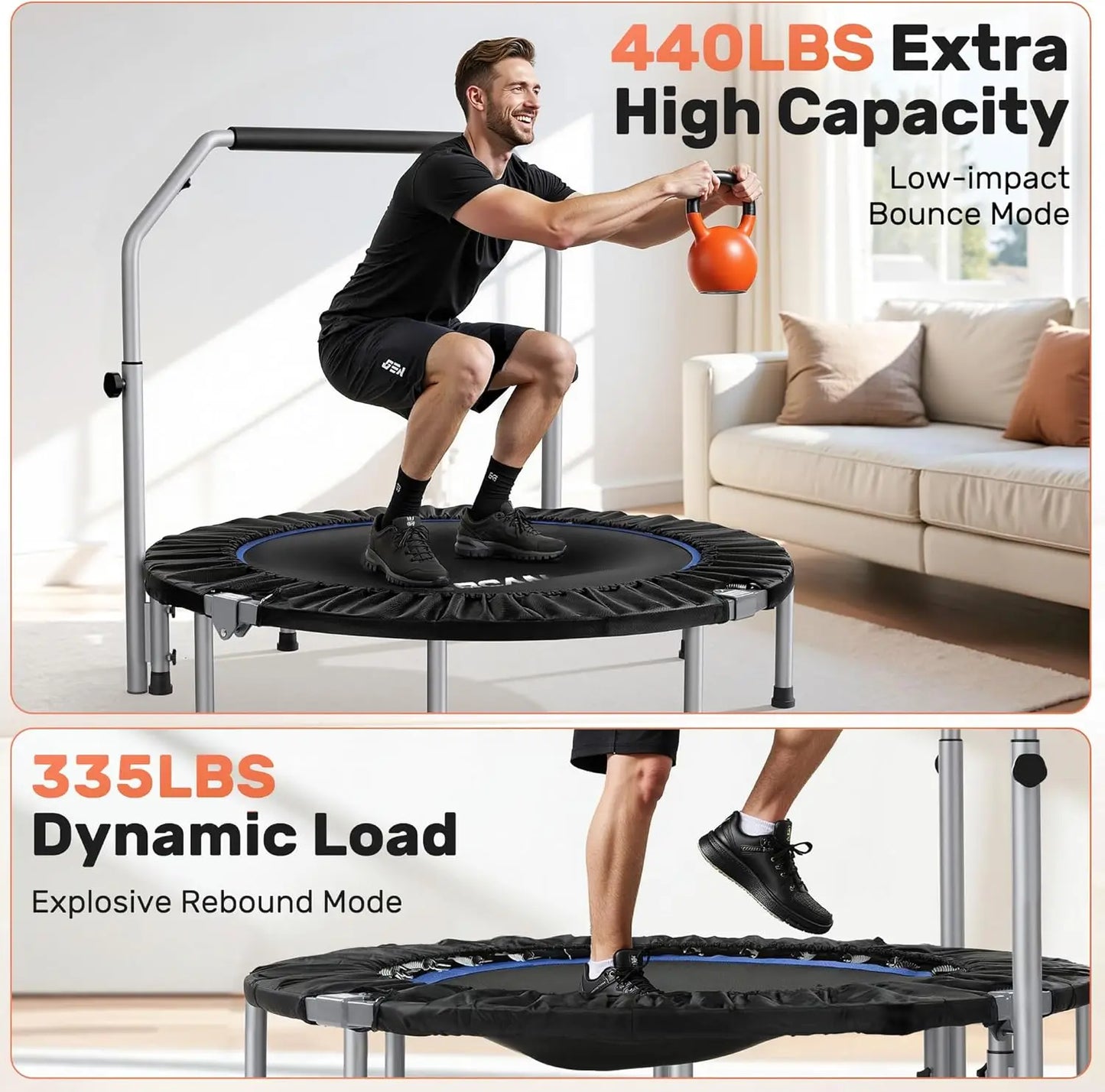 40/48“ Foldable Mini Trampoline with Adjustable Foam Handle Fitness Rebounder for Adults Max Load 440 Lbs Exercise Trampoline by S And B Enterprise