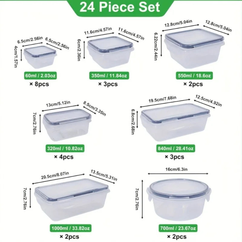 24-piece BPA-free food storage set by S And B Enterprise; clear containers with airtight lids and labels.