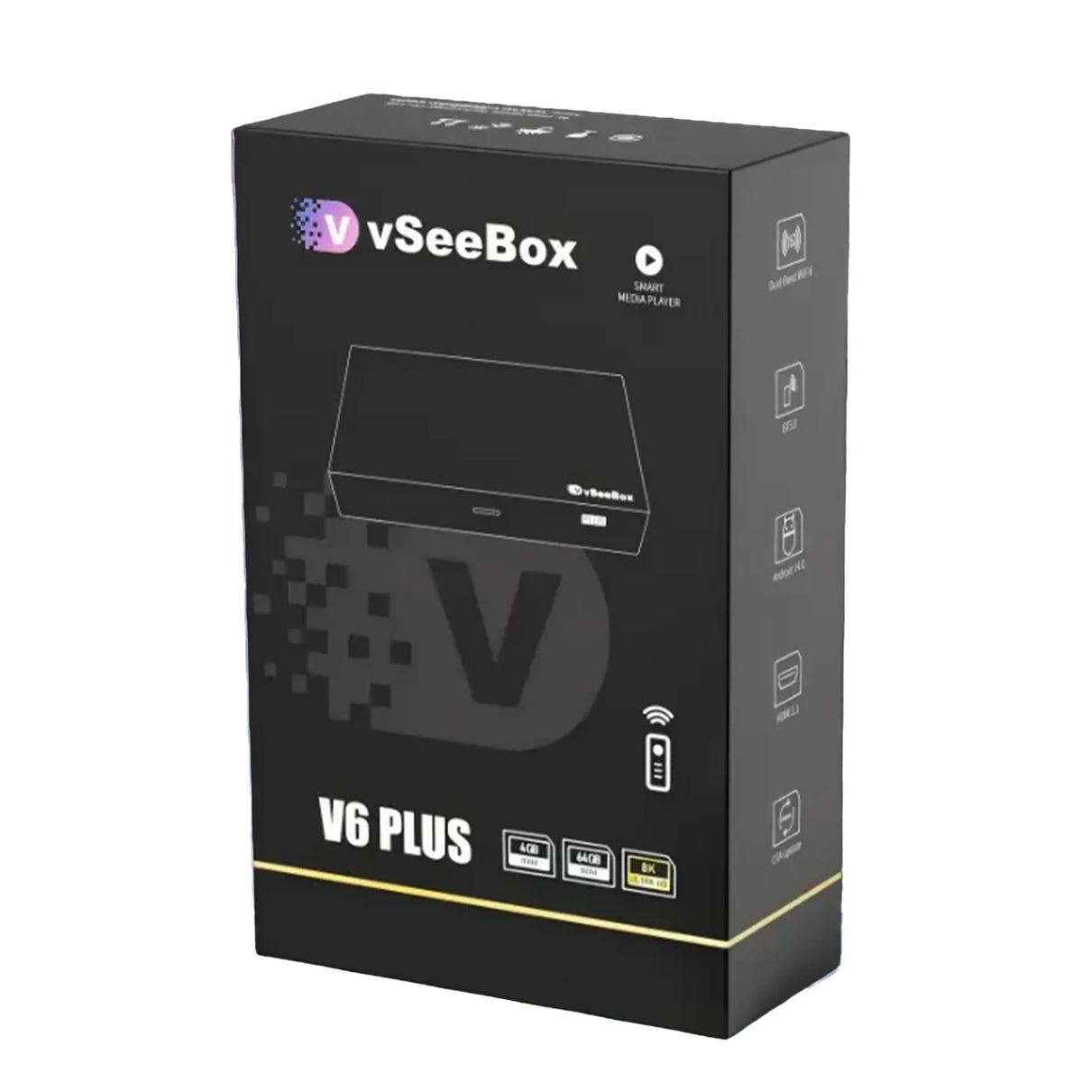 vSeeBox V6 Plus 64GB smart media player box, black packaging with logo and side icons.