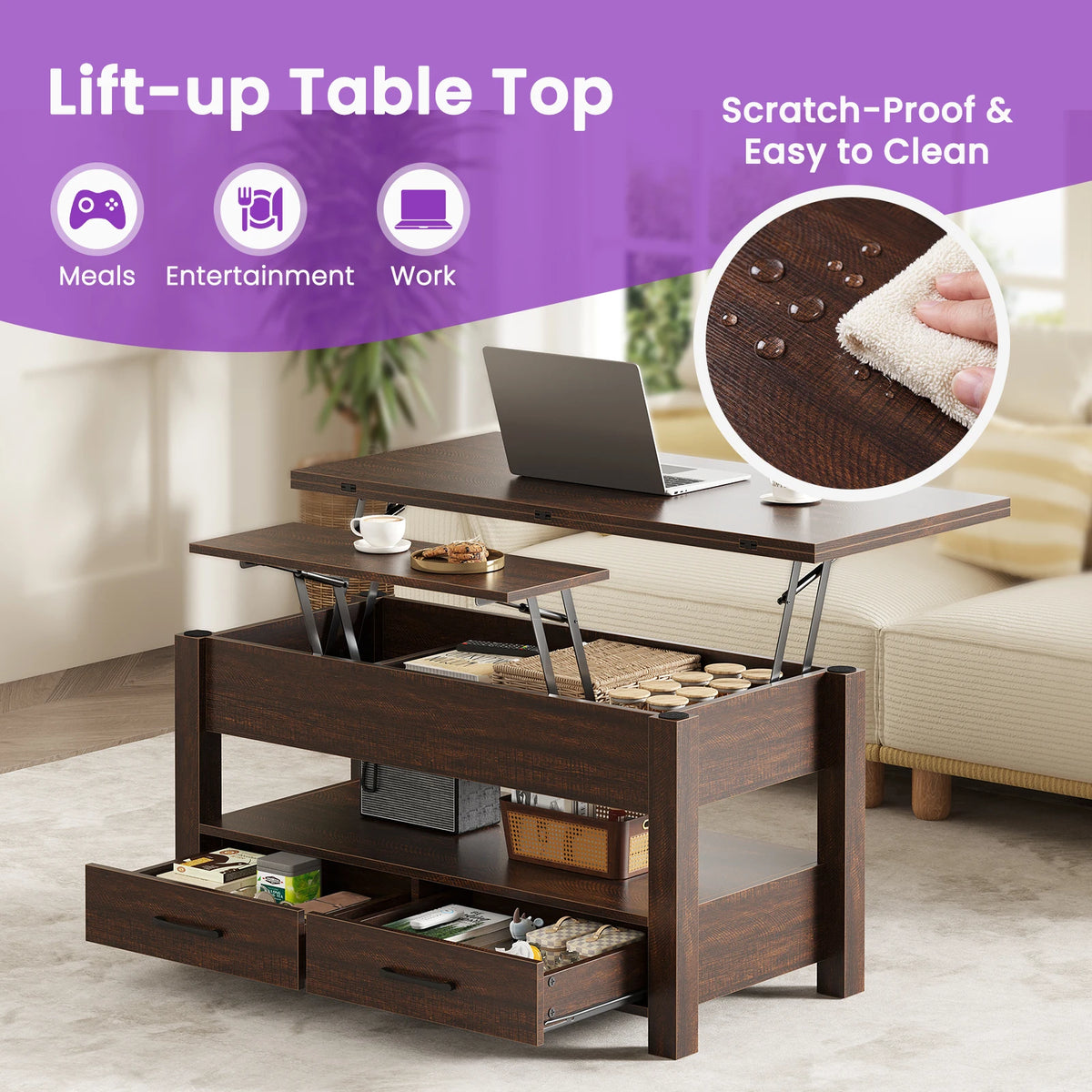 JHK 39.4in lift-top coffee table in dark walnut wood with double drawers and lower storage shelf