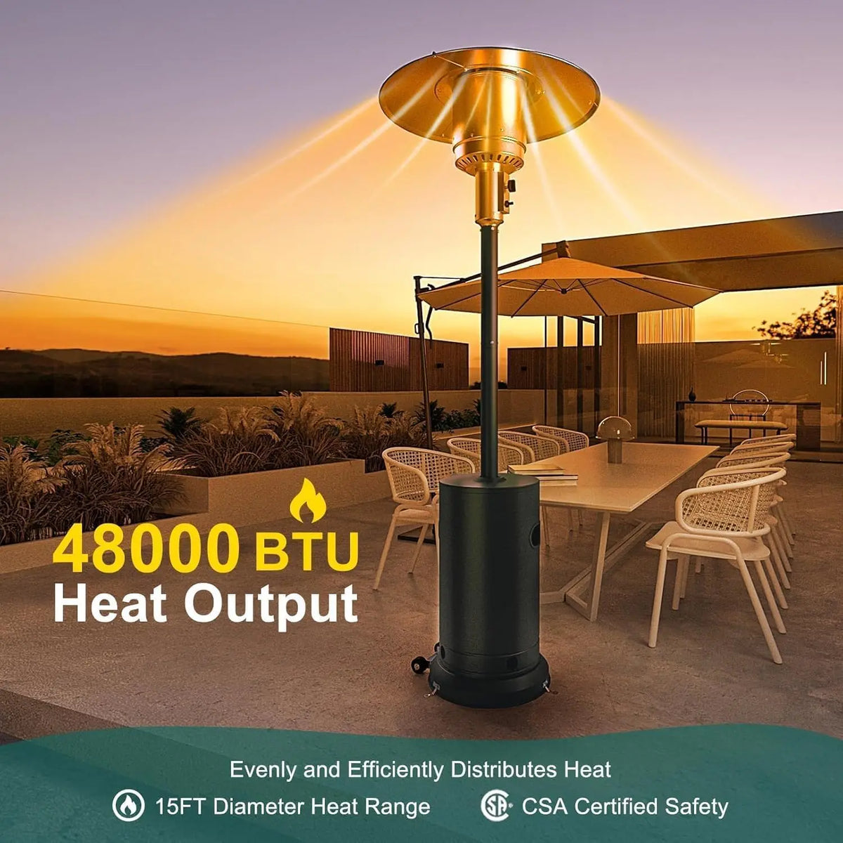 Outdoor gas patio heater by S And B Enterprise on wheels, 48,000 BTU, stainless steel with adjustable height