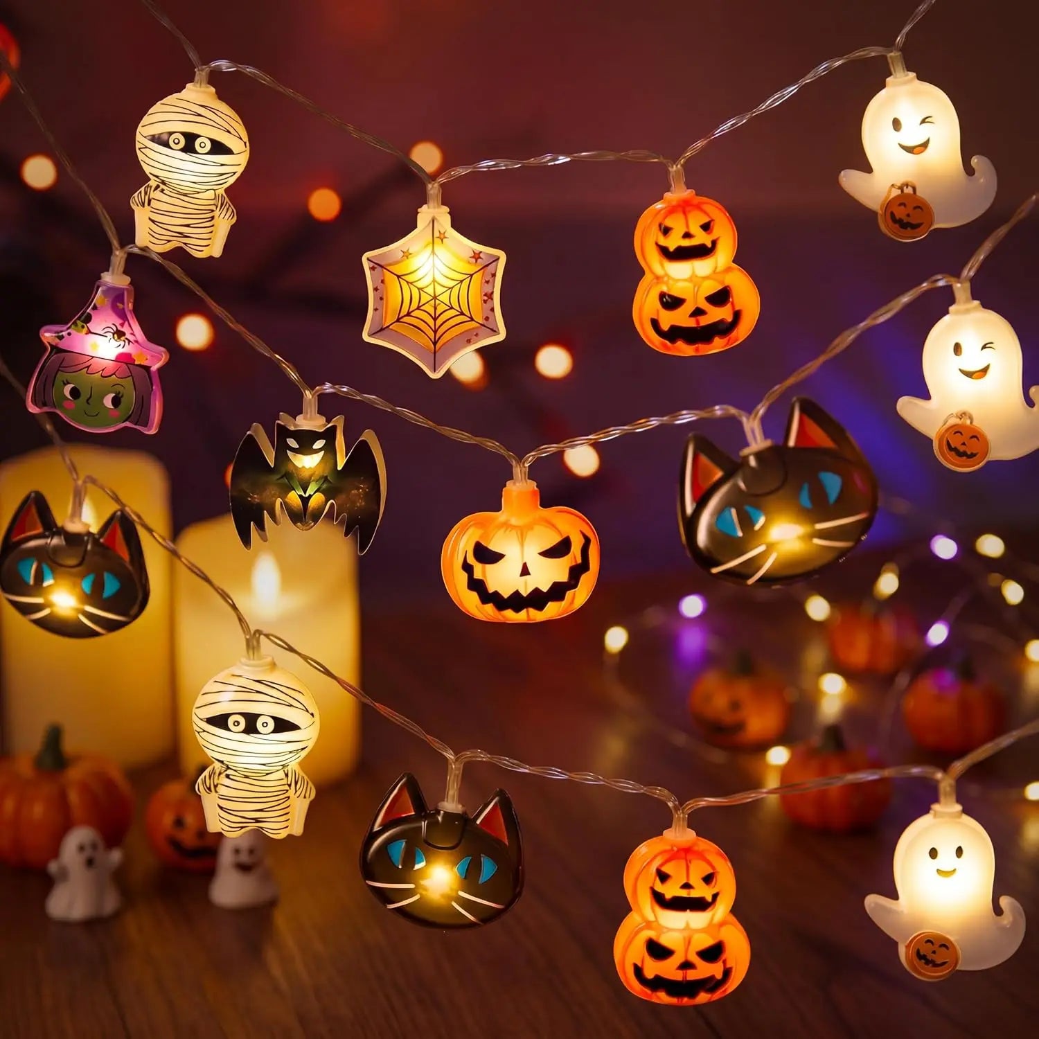 LED Halloween string lights, 19.7 ft with 30 LED ghost, pumpkin, bat and mummy designs; battery timer, 8 lighting modes