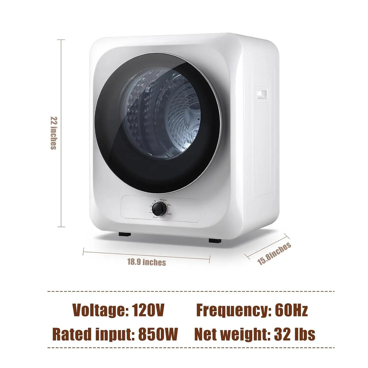 Portable white front-loading washer-dryer combo with a black circular door; compact 18.9-inch width