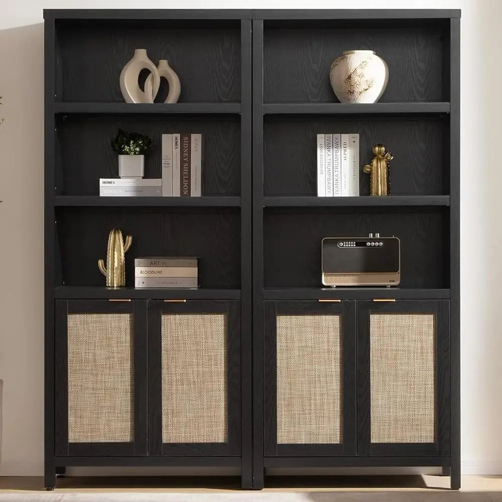 Modern Rattan Boho Bookcase With Open Wood Storage Shelf