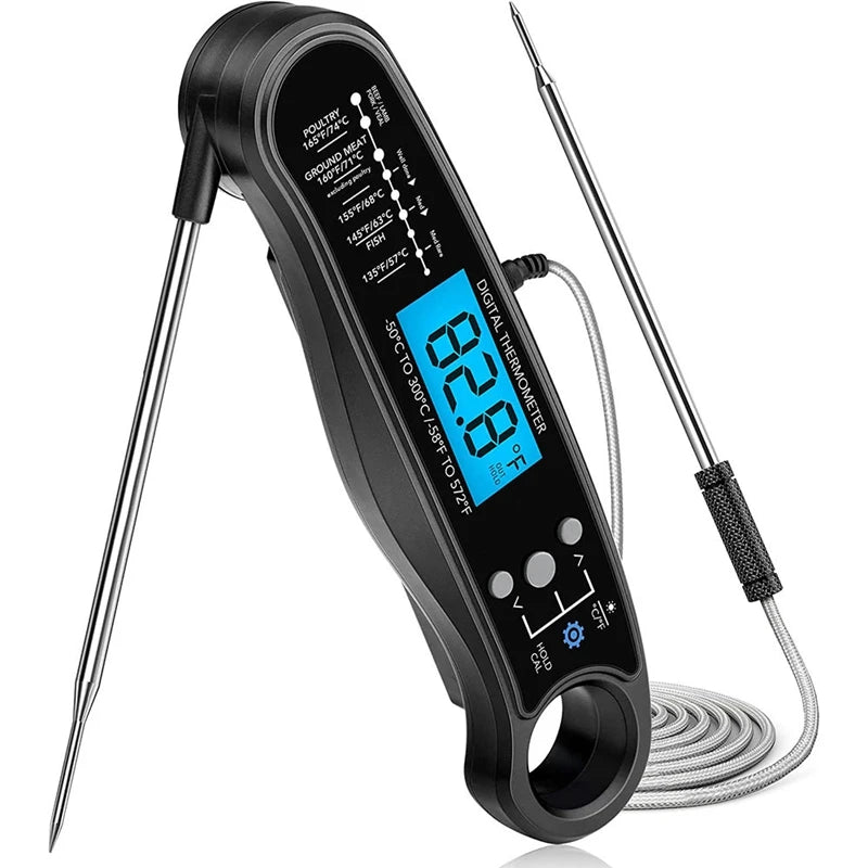 Black digital BBQ meat thermometer with 2 stainless steel probes, LCD display, and coiled cord