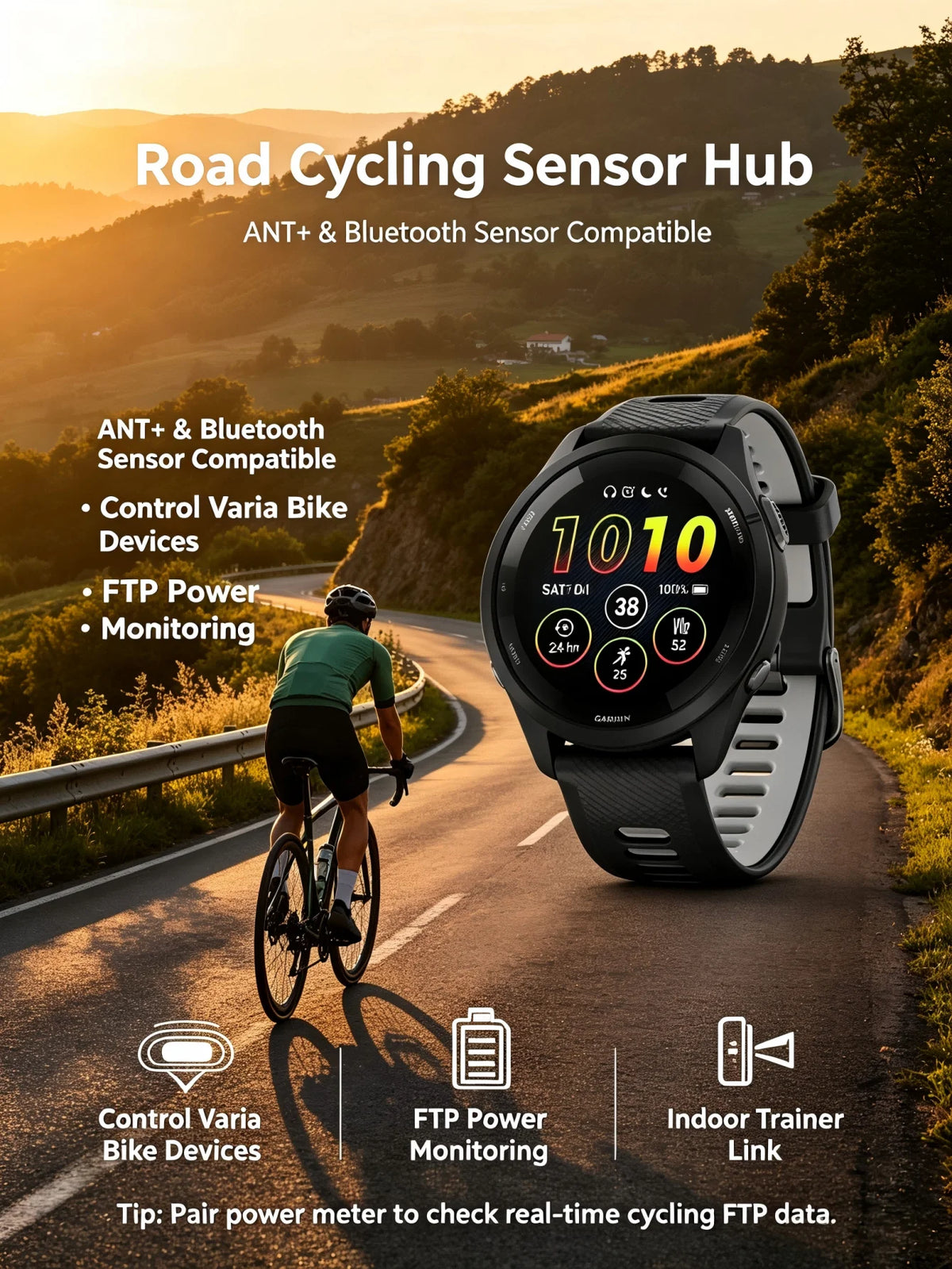 Garmin Forerunner 265 GPS running smartwatch with black strap shown beside a cyclist on a scenic road.
