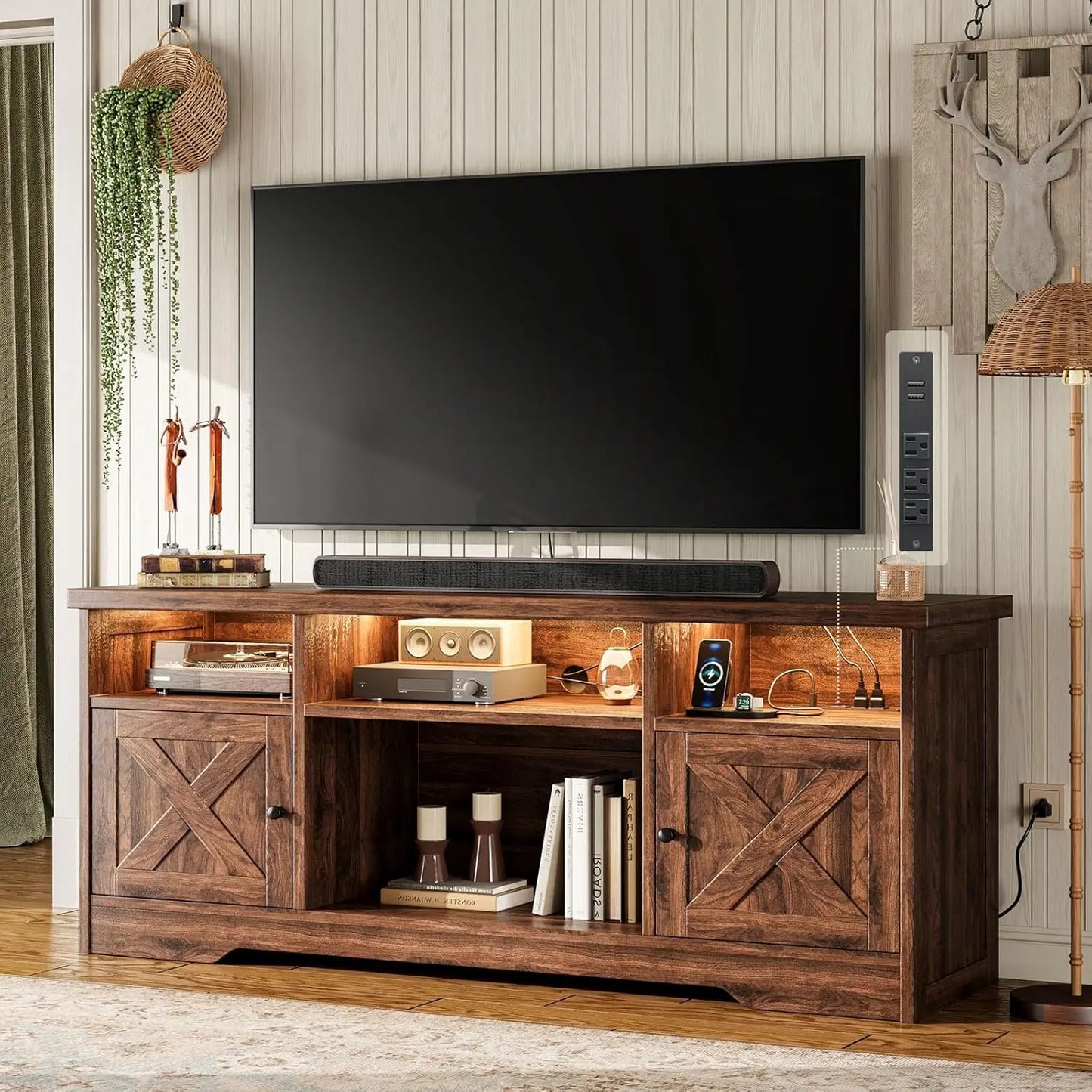 BIANXIANG Farmhouse TV Stand With Power Outlet And LED Lighting by S And B Enterprise