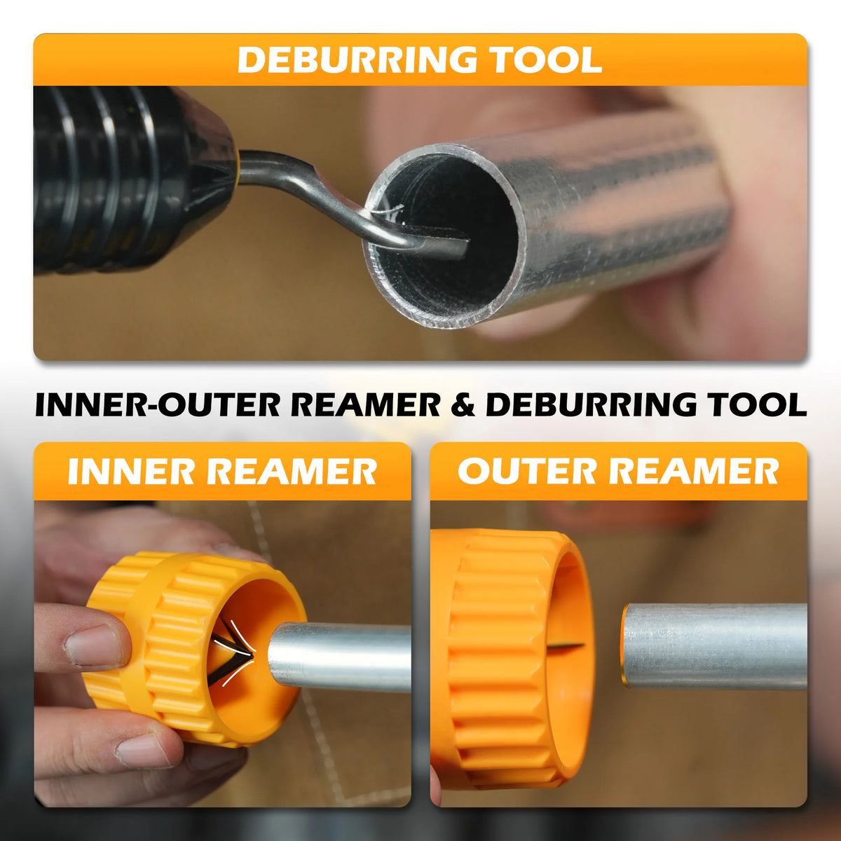 Professional tubing cutter set by S And B Enterprise with deburring tool and inner/outer reamers; orange handles
