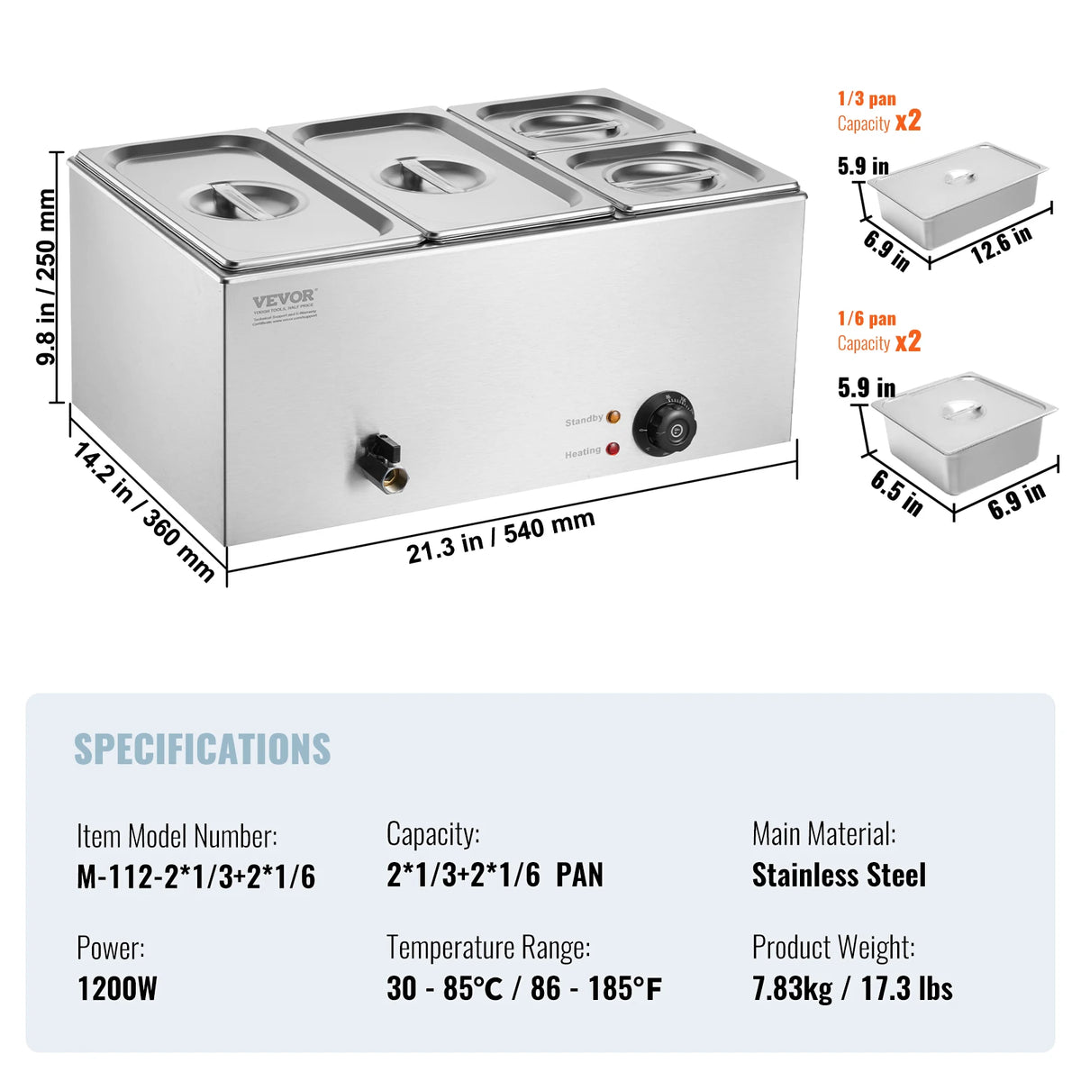 Stainless steel commercial food warmer with three steam-table pans, glass lids, and thermostat control