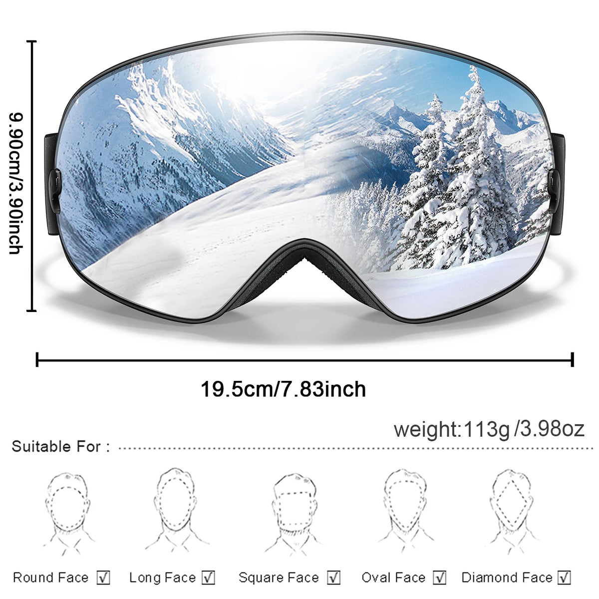 Winter ski goggles with mirrored blue lens, black frame, UV400 anti-fog