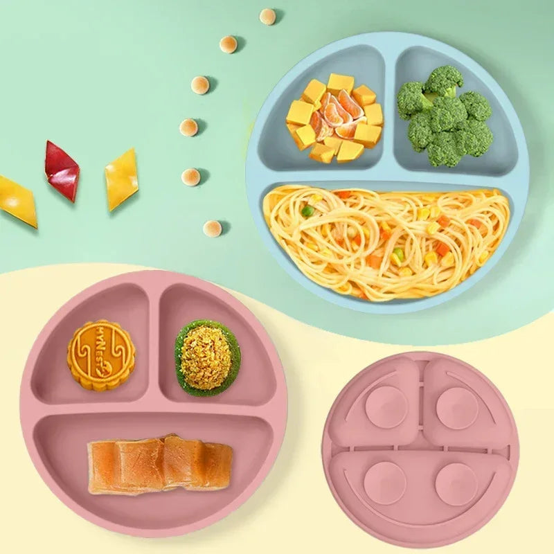 Food grade silicone child dish set with suction plate; three pink and blue divided plates for kids