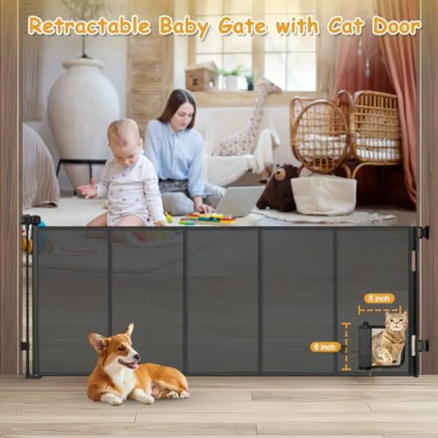 Reinforced Extra Wide Retractable Pet Gate With Cat Door For Doorways by S And B Enterprise