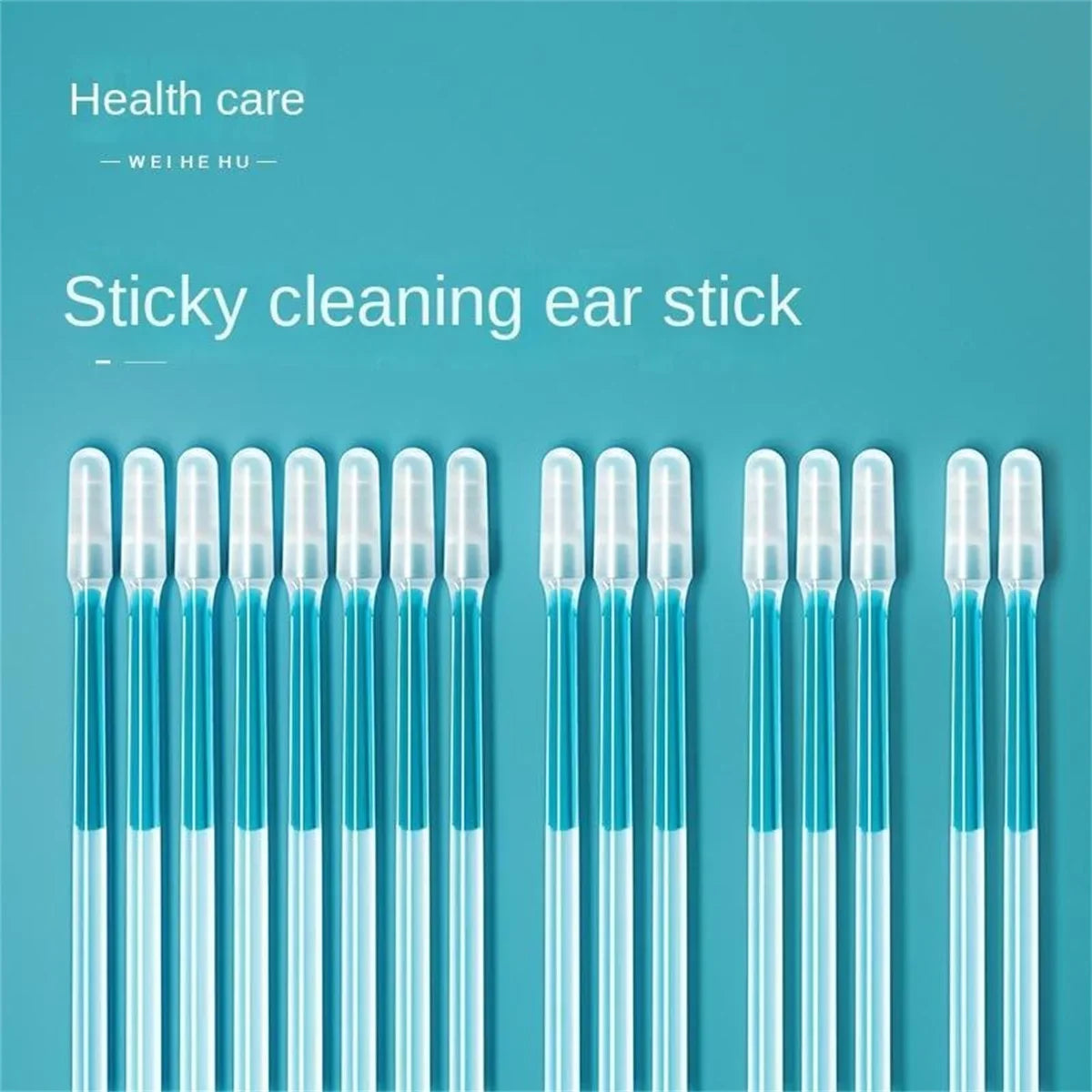 Premium earwax remover sticks; reusable silicone with blue handles arranged in rows